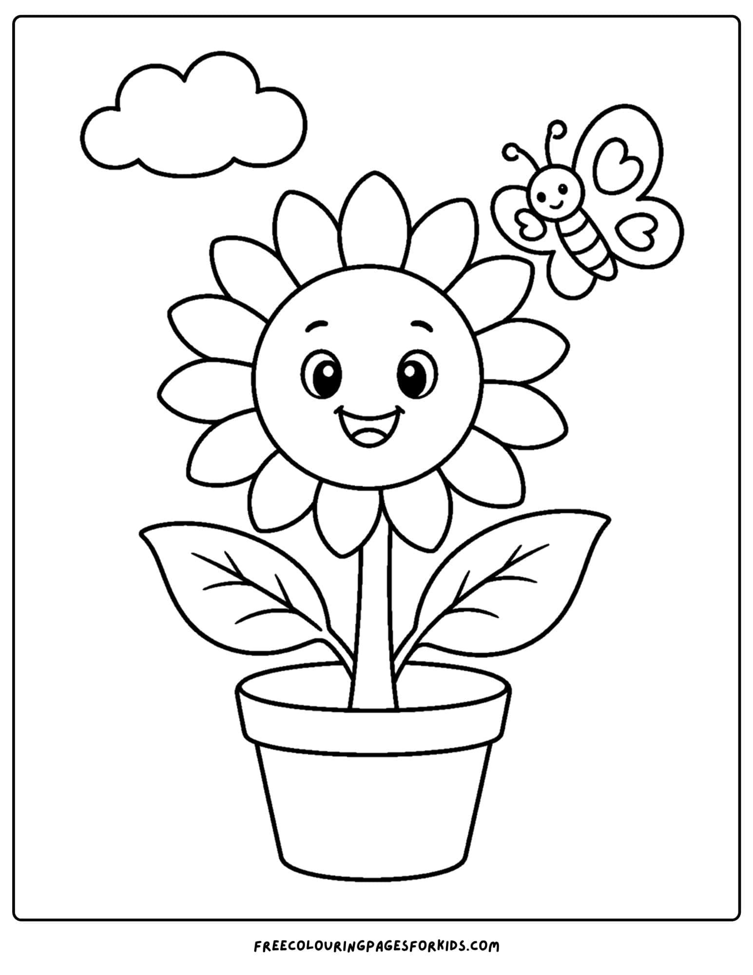 a coloring page of a smiling flower in a pot with a butterfly