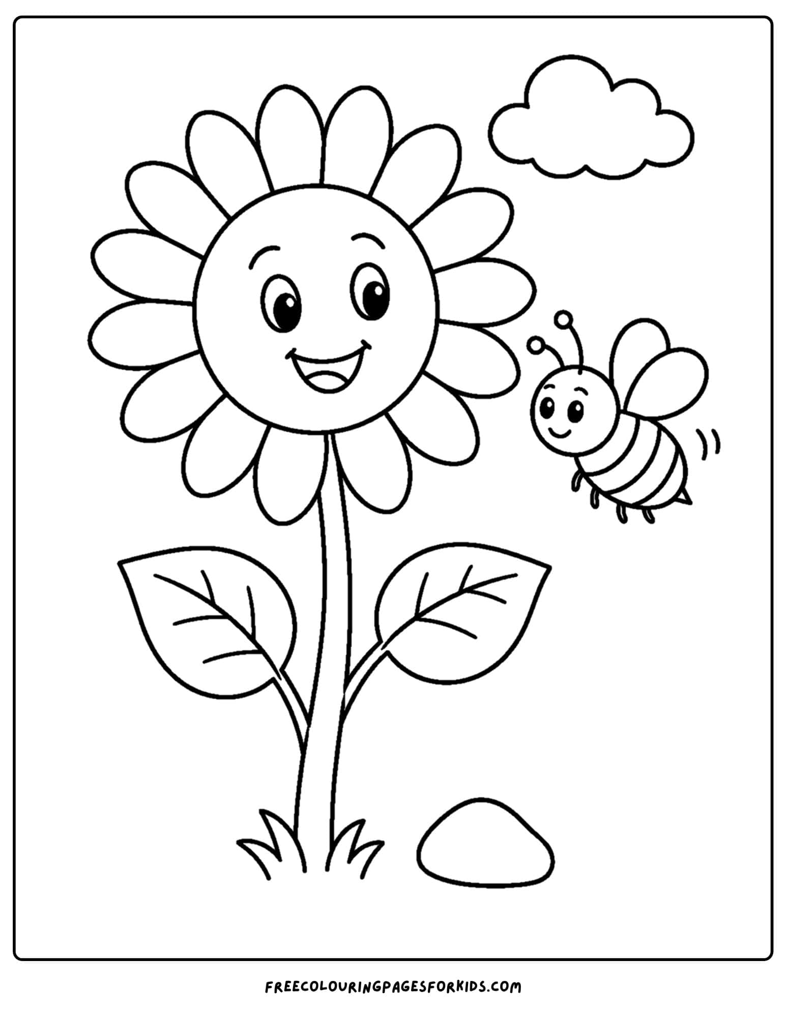 a coloring page of a sunflower and a bee