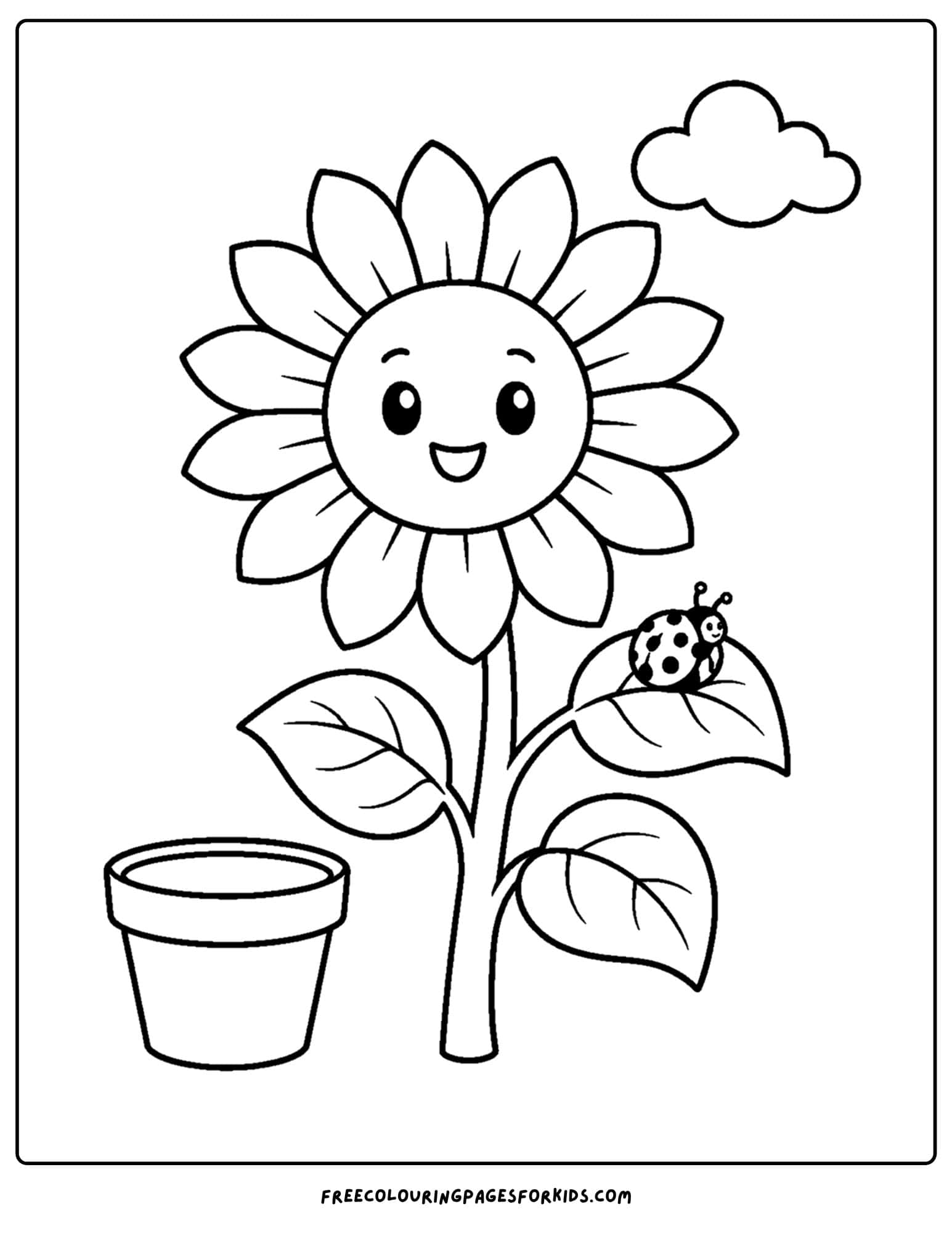 a coloring page of a sunflower with a ladybug on a leaf