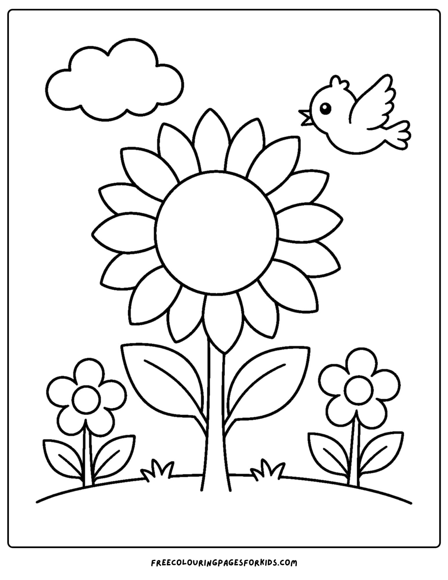 a coloring page of a big and bright sunflower in a field