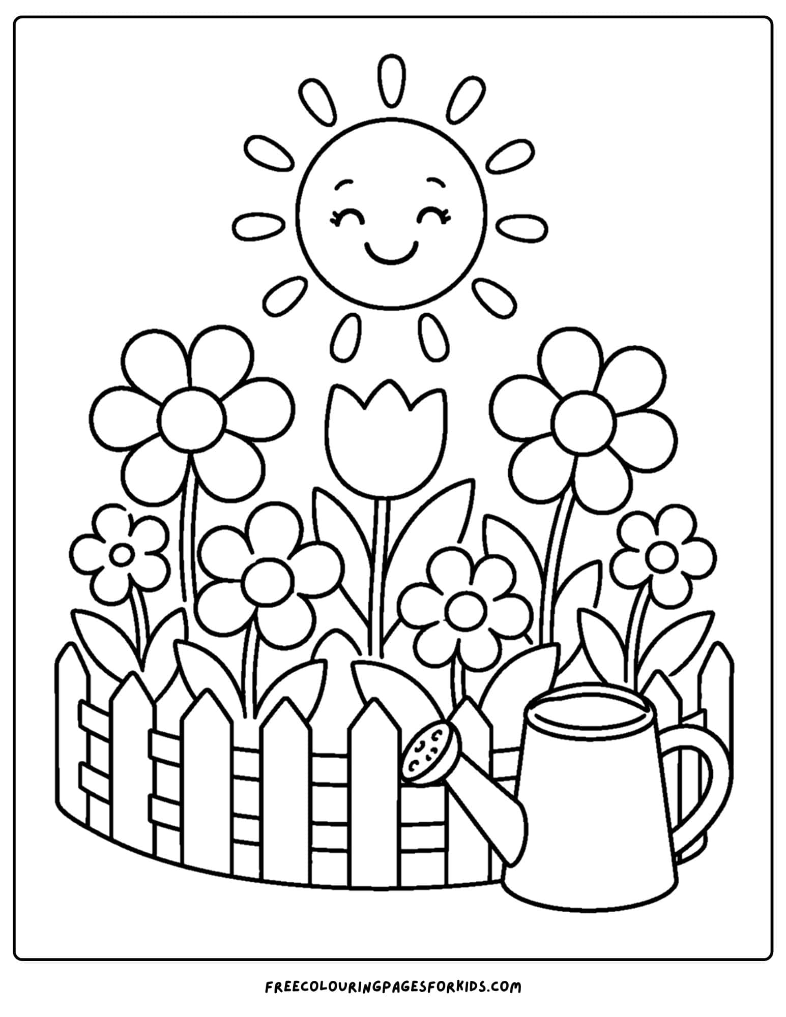 a coloring page of a sunny flower bed with a watering can