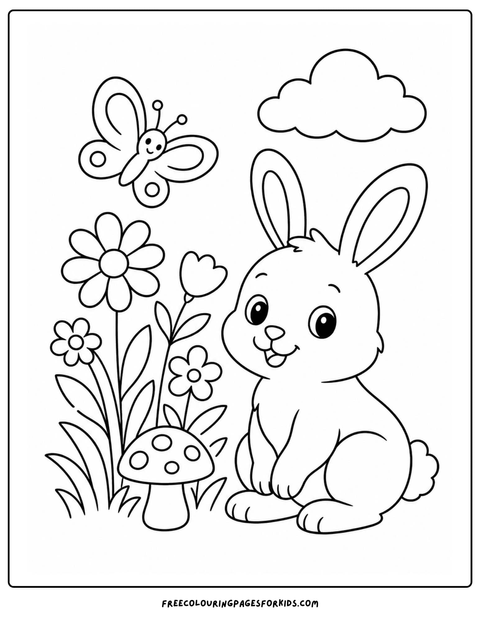 a coloring page of a bunny next to flowers in a garden