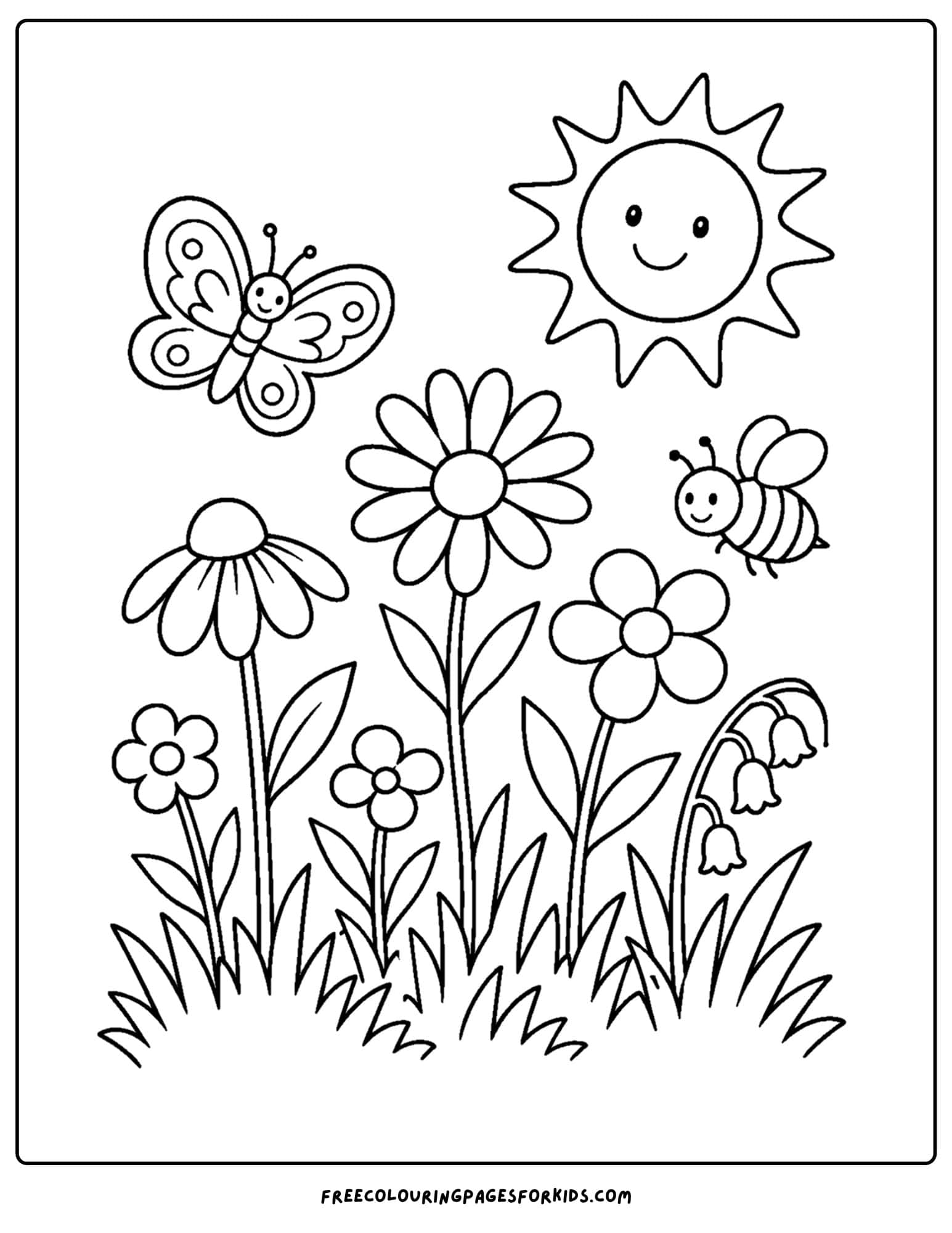 a coloring page of wildflowers in a meadow