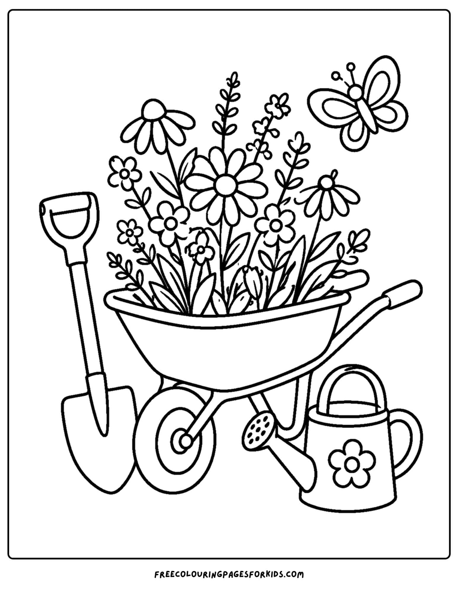 a coloring page of wildflowers growing in a wheelbarrow