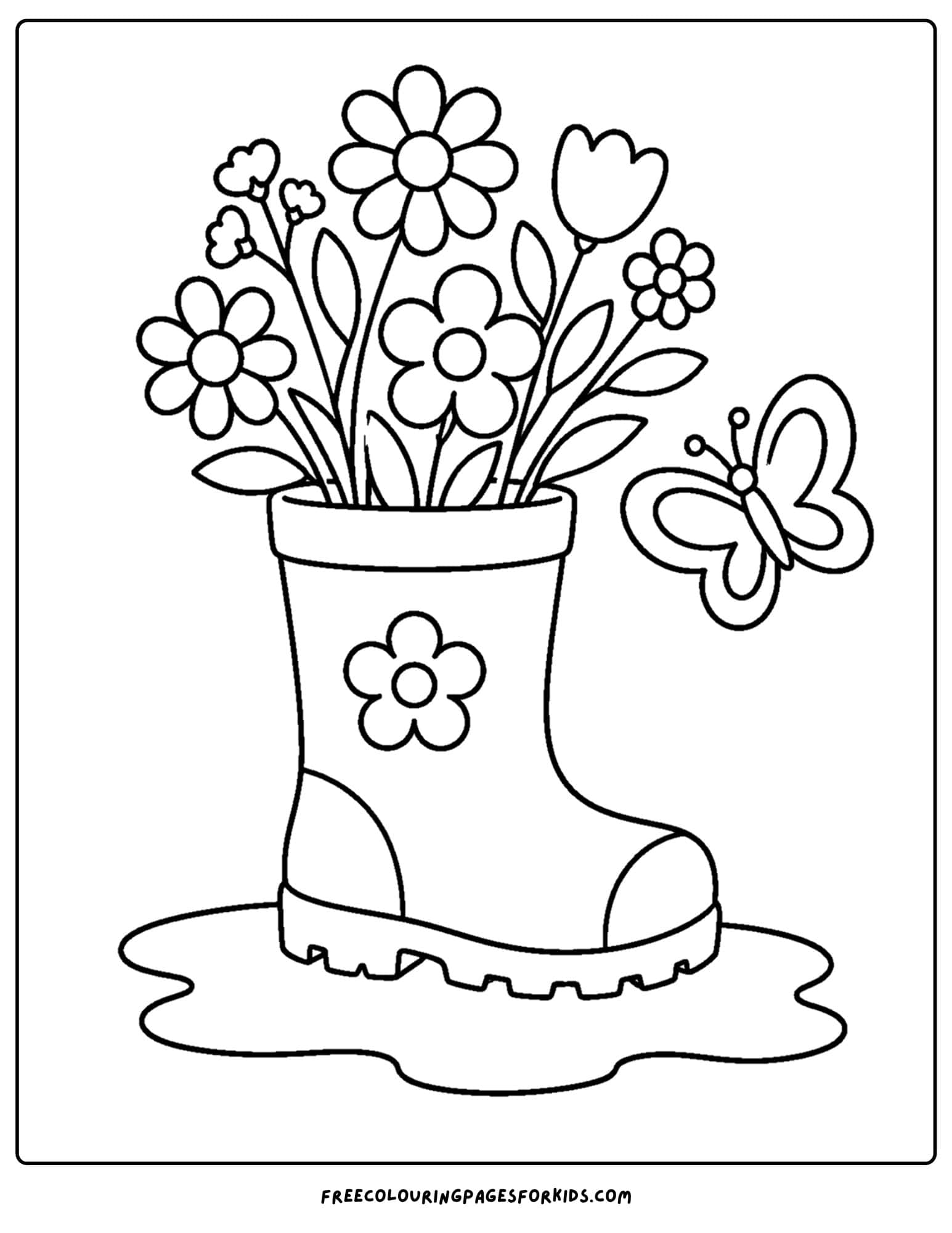 a coloring page of a bunch of flowers growing in a boot