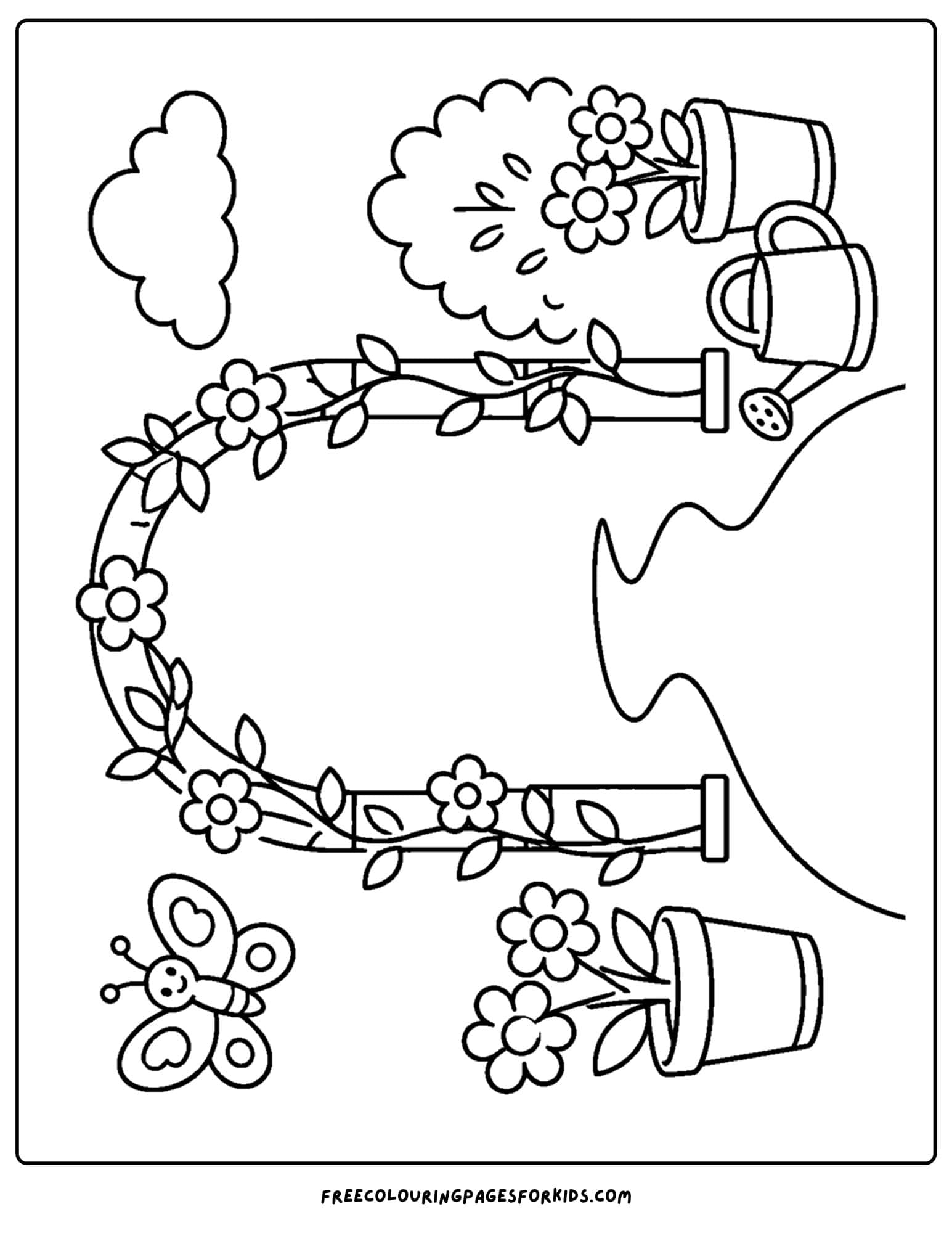 a garden themed coloring page of an arch over a path to a garden