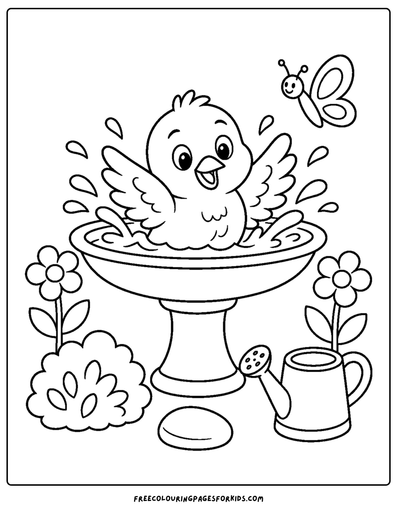 a garden themed coloring page of a bird splashing in a garden bird bath