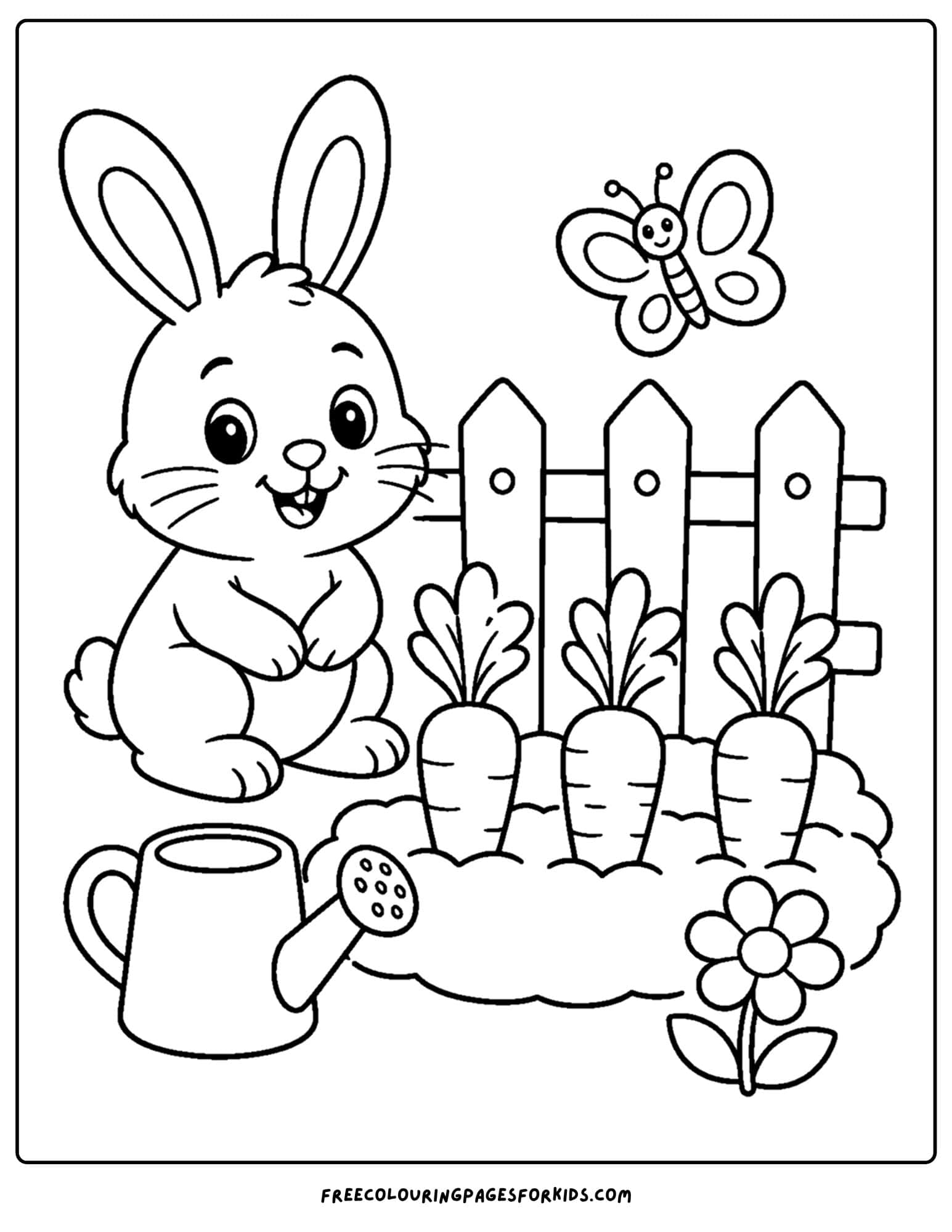a garden themed coloring page of a bunny next to a carrot patch