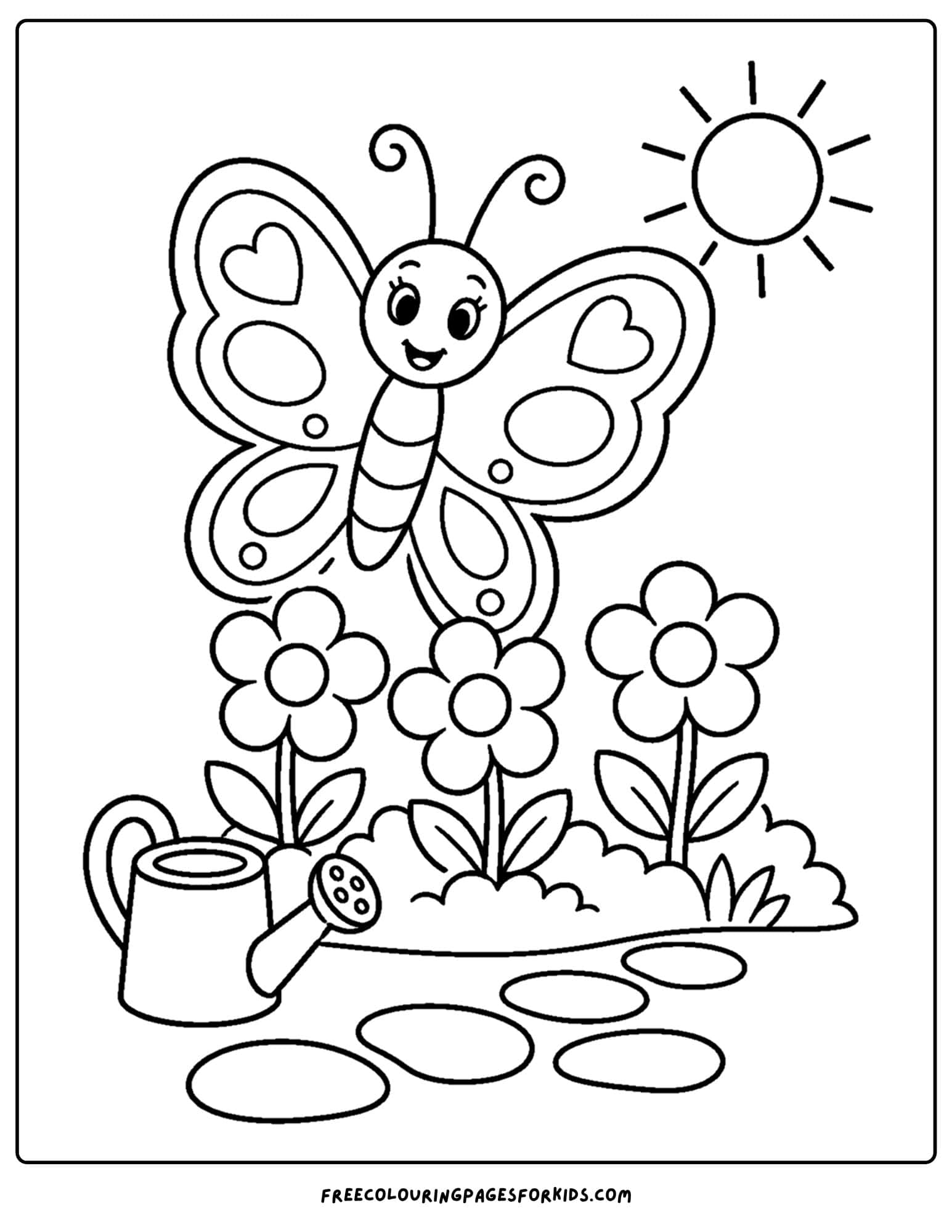 a garden themed coloring page of a butterfly visiting flowers