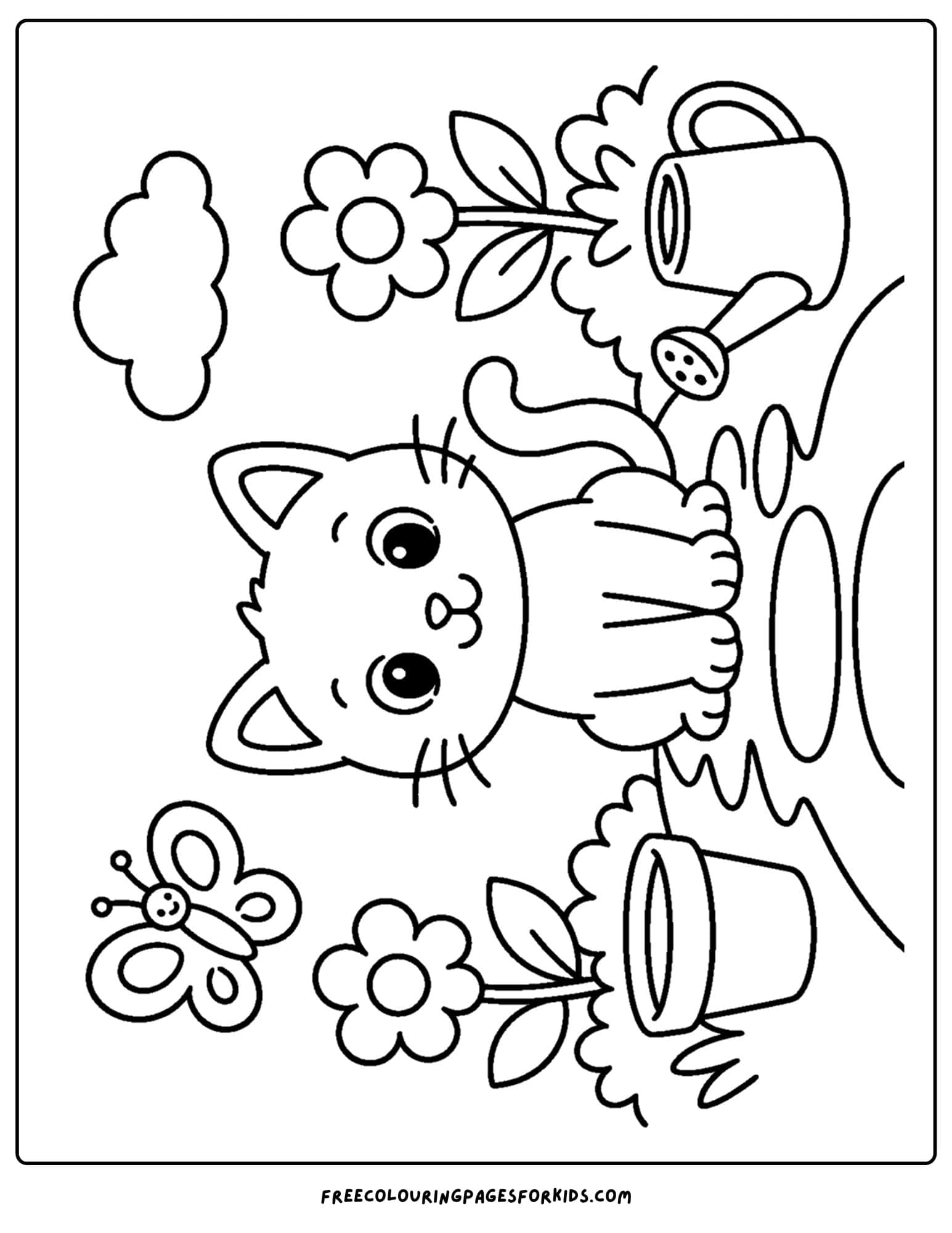 a garden themed coloring page of a cat on a garden path