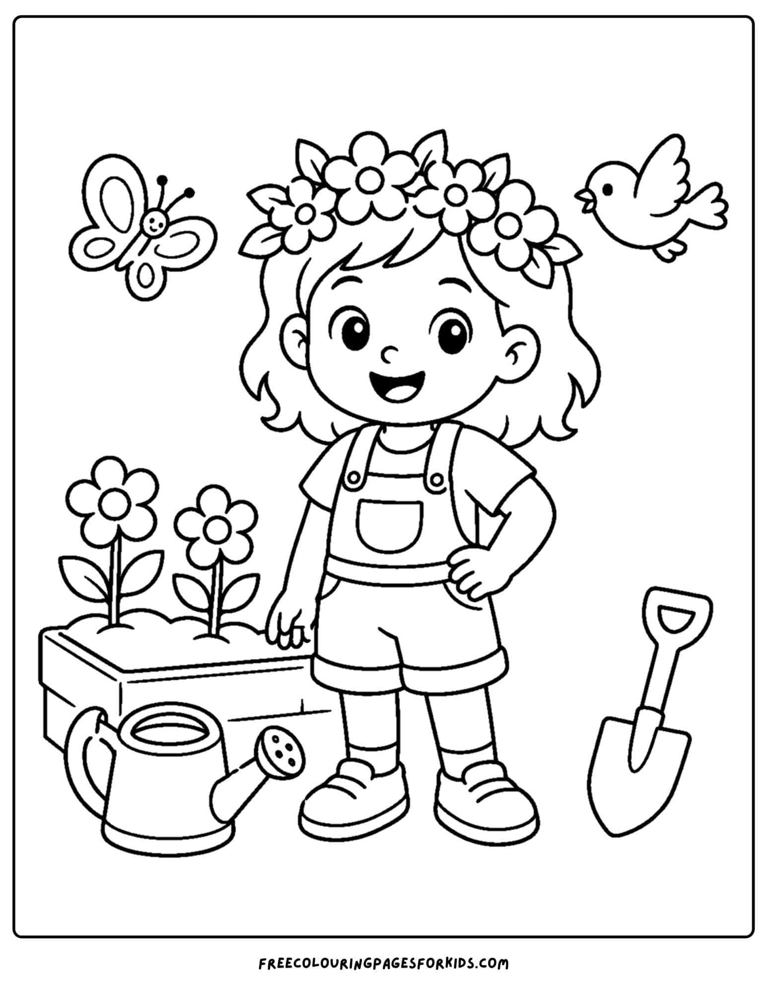 a garden themed coloring page of a child wearing a flower crown