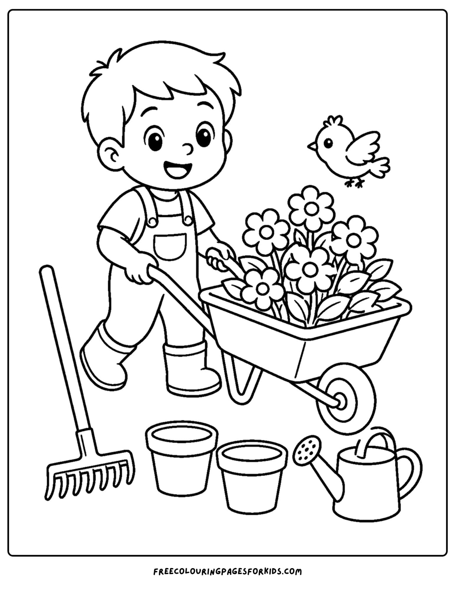 a garden themed coloring page of a child pushing a wheelbarrow full of flowers