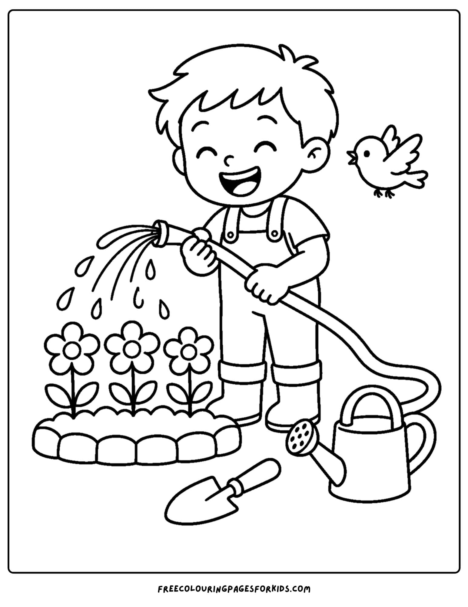a garden themed coloring page of a child watering a flower garden