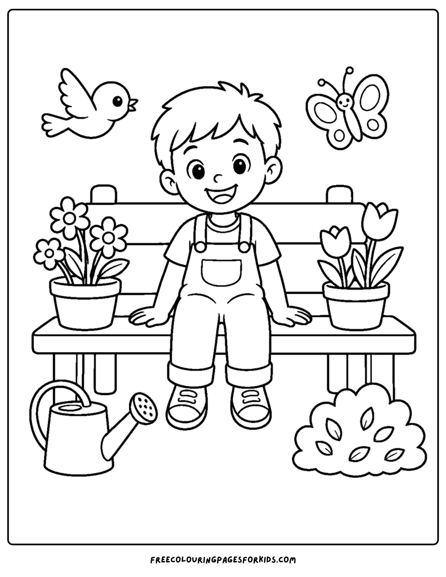 a garden themed coloring page of a child sitting on a bench in a garden