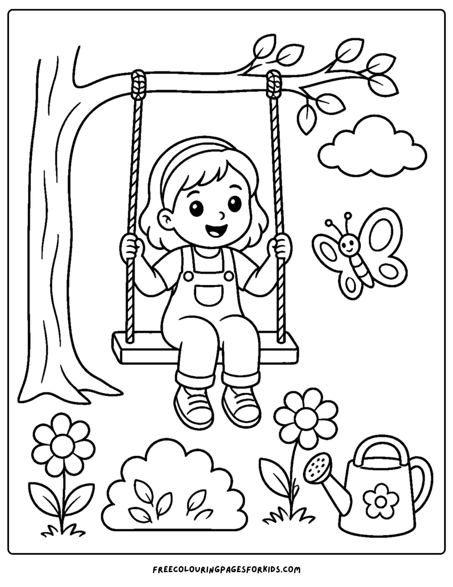 a garden themed coloring page of a child on a garden swing