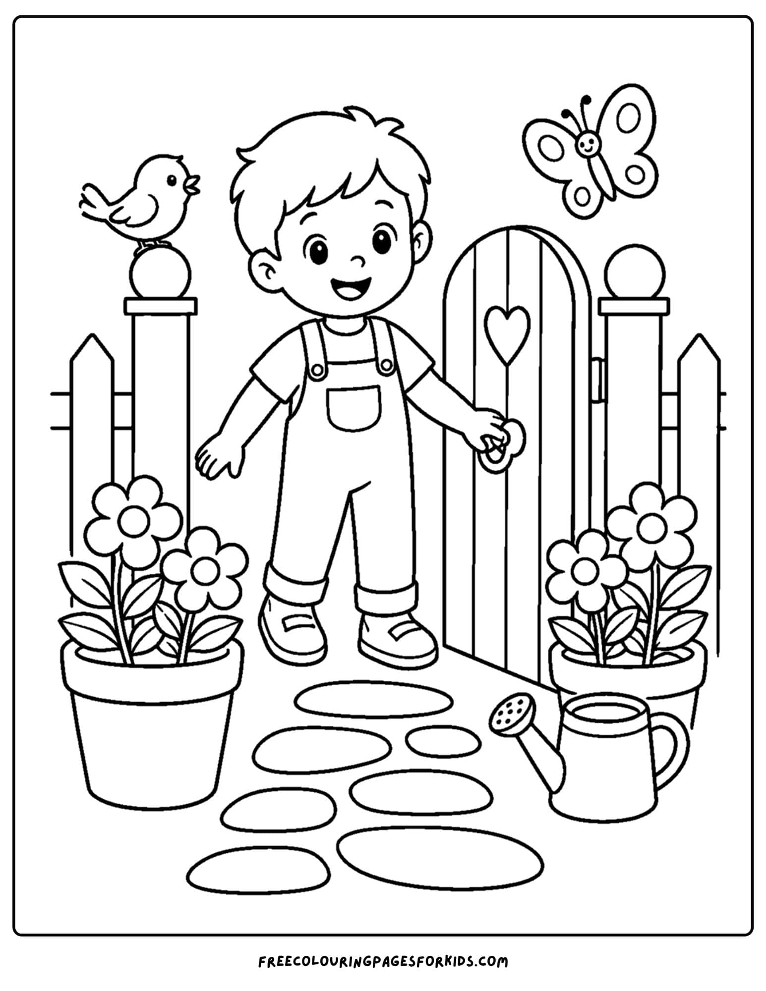 a garden themed coloring page of a child opening the gate to a garden