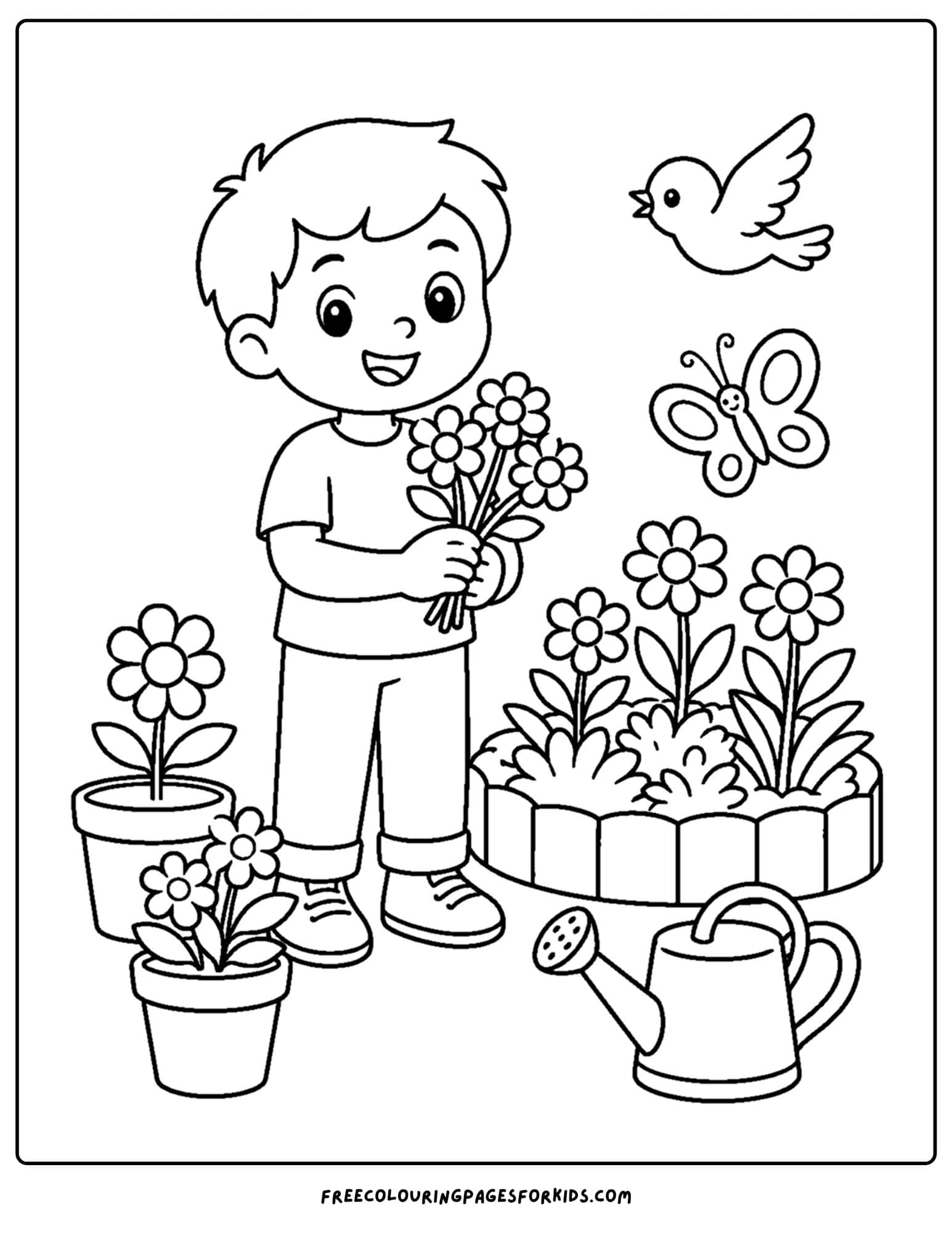 a garden themed coloring page of a child picking flowers from a garden
