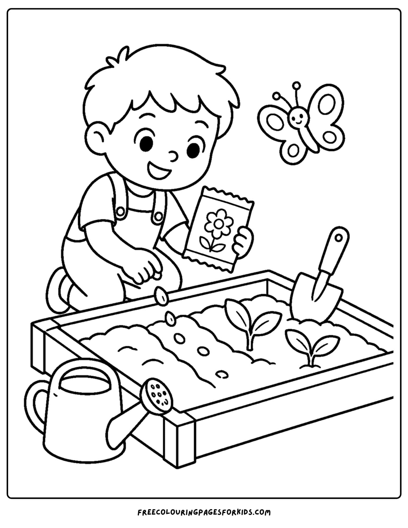 a garden themed coloring page of a child planting seeds in a garden bed