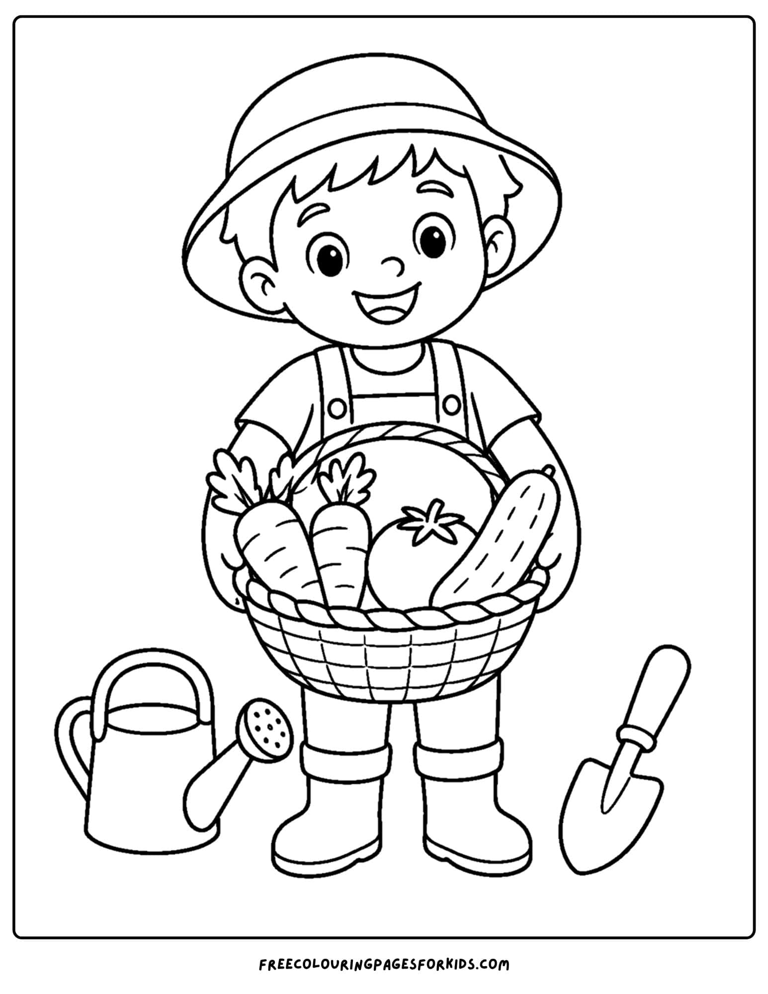 a garden themed coloring page of a child holding a basket of vegetables