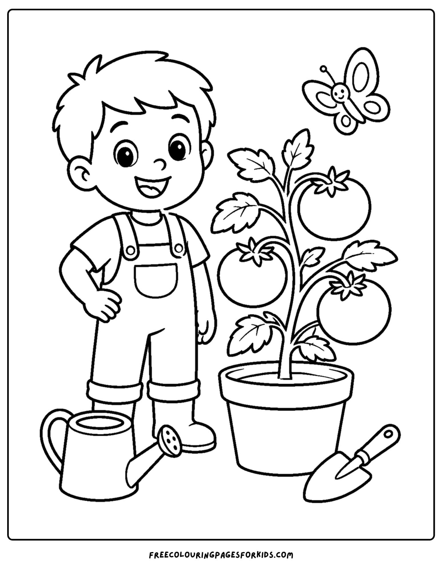 a garden themed coloring page of a child tending to a tomato plant