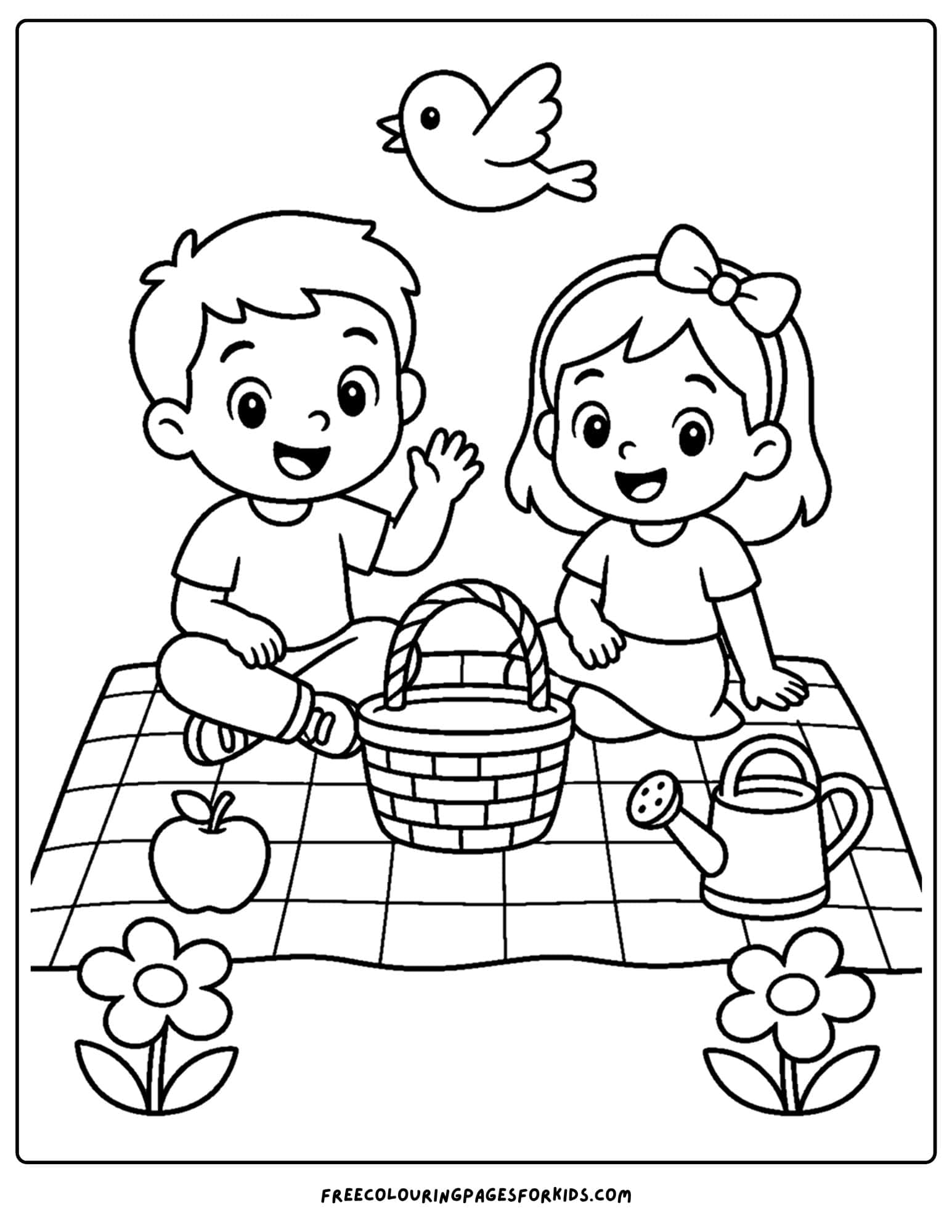 a garden themed coloring page of children having a picnic