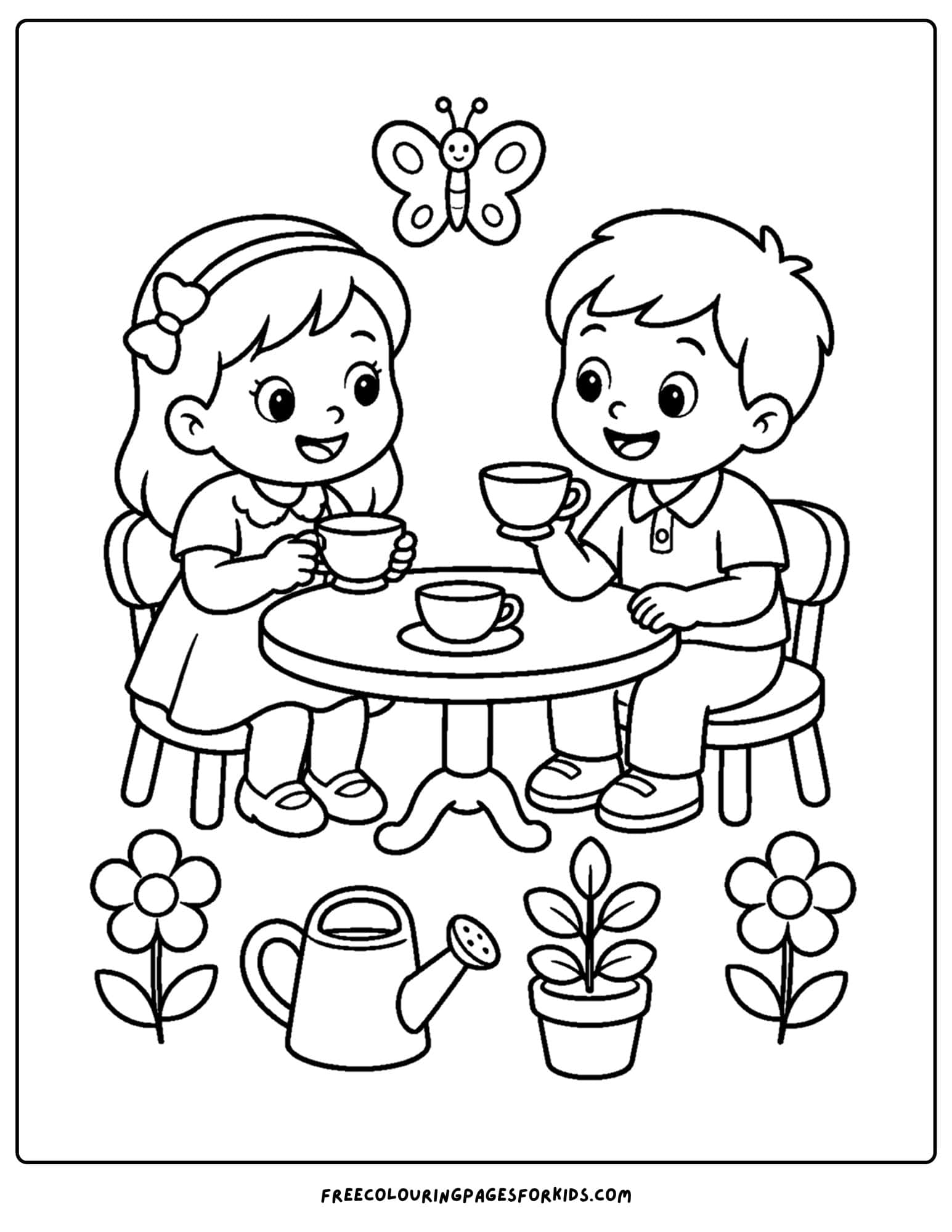 a garden themed coloring page of children having a tea party