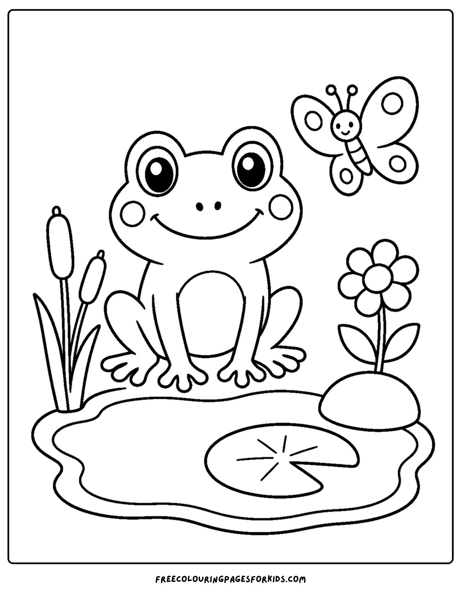 a garden themed coloring page of a frog next to a garden pond
