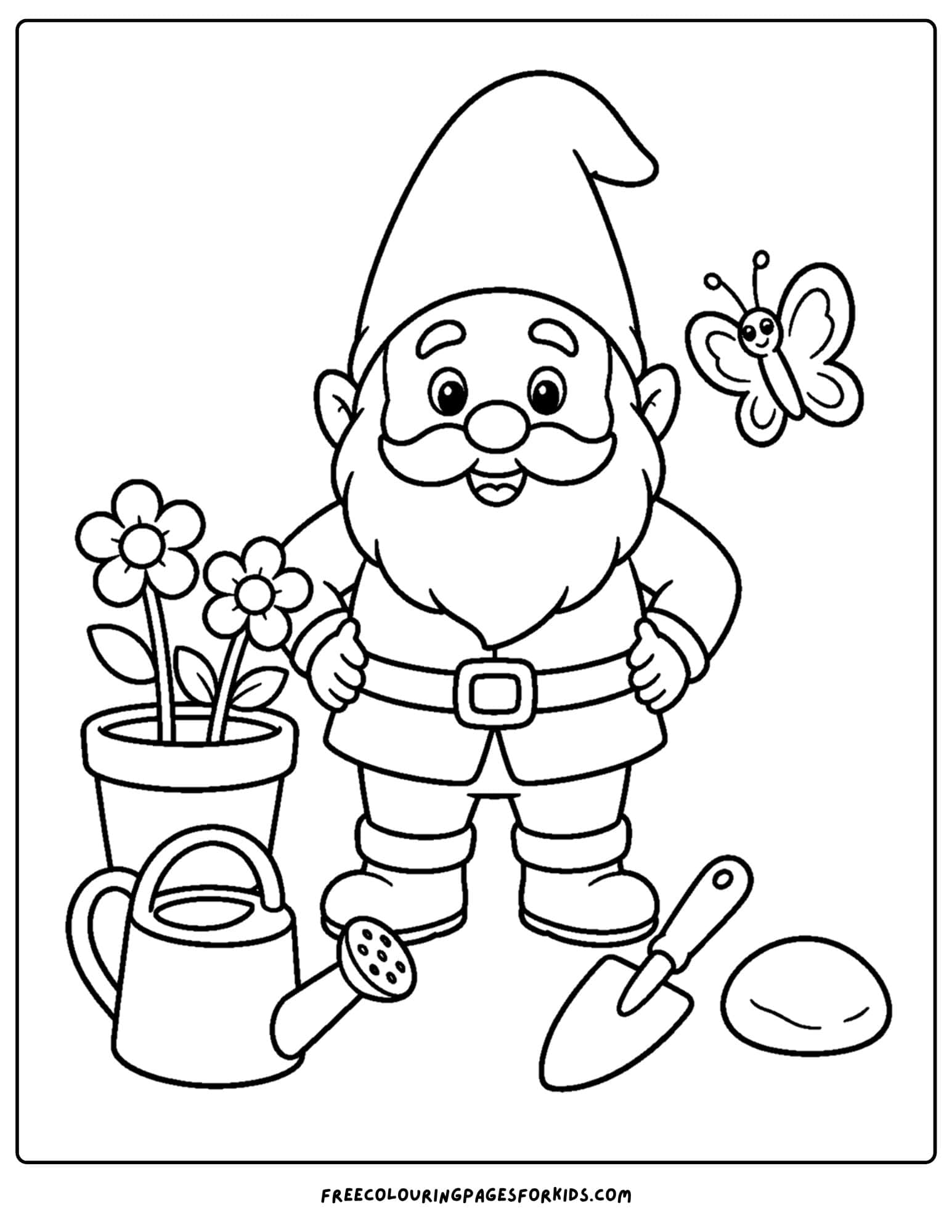 a garden themed coloring page of a gnome standing next to a flower in a pot and a watering can
