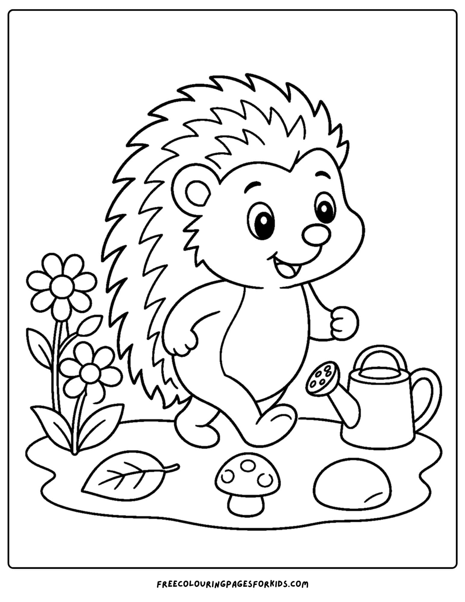 a garden themed coloring page of a hedgehog walking through a garden