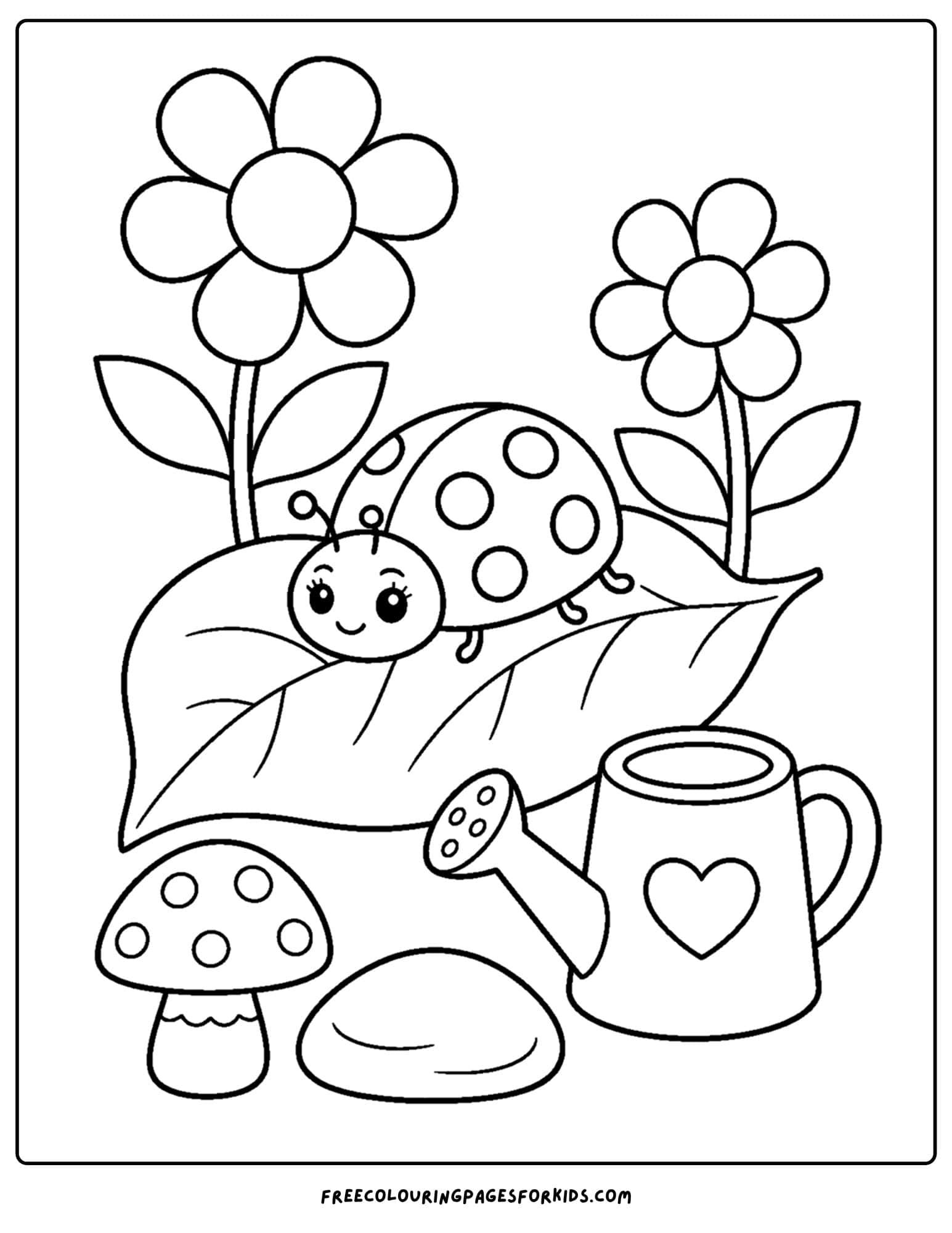 a garden themed coloring page of a ladybug sitting on a leaf in a garden