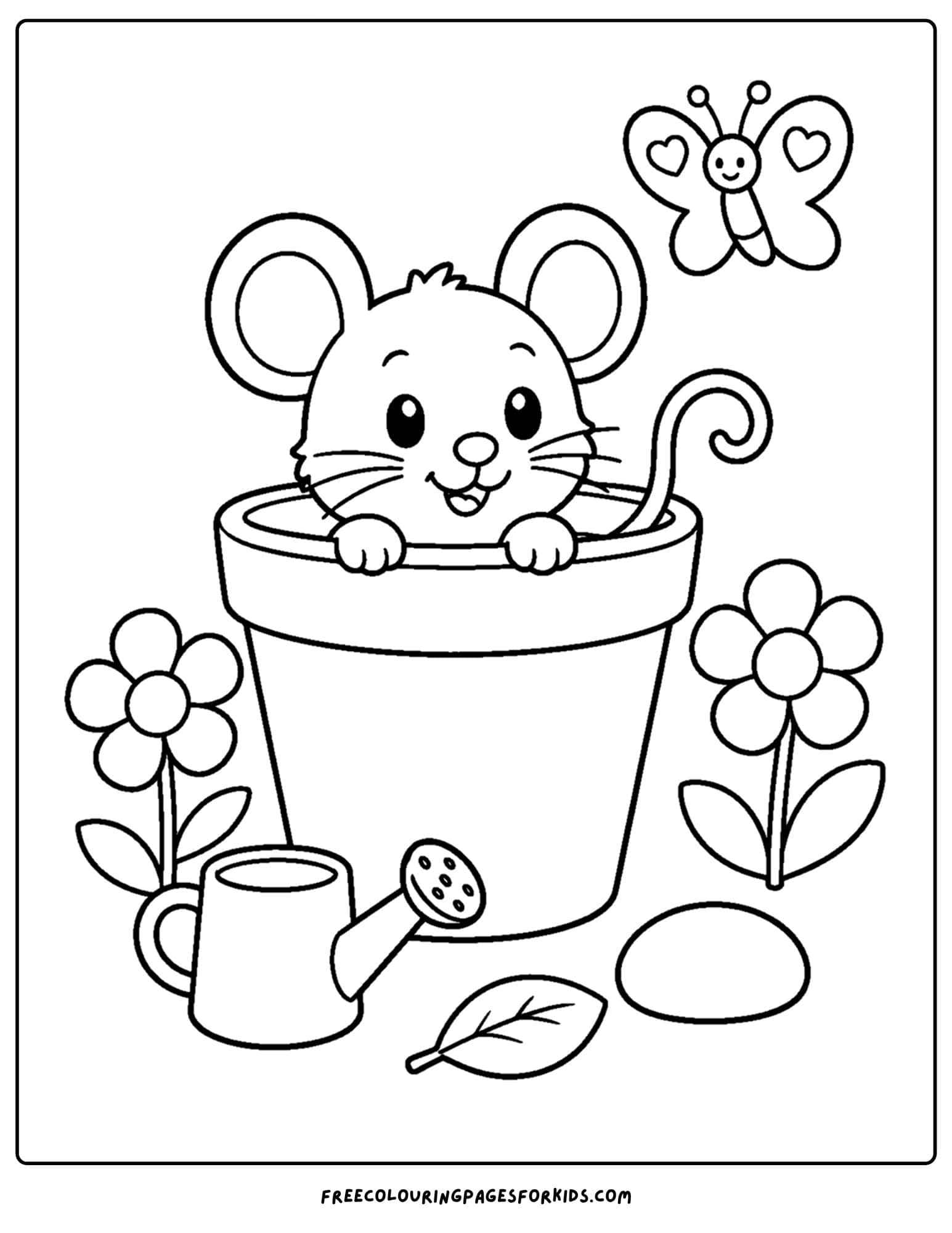 a garden themed coloring page of a mouse poking its head out of a flower pot