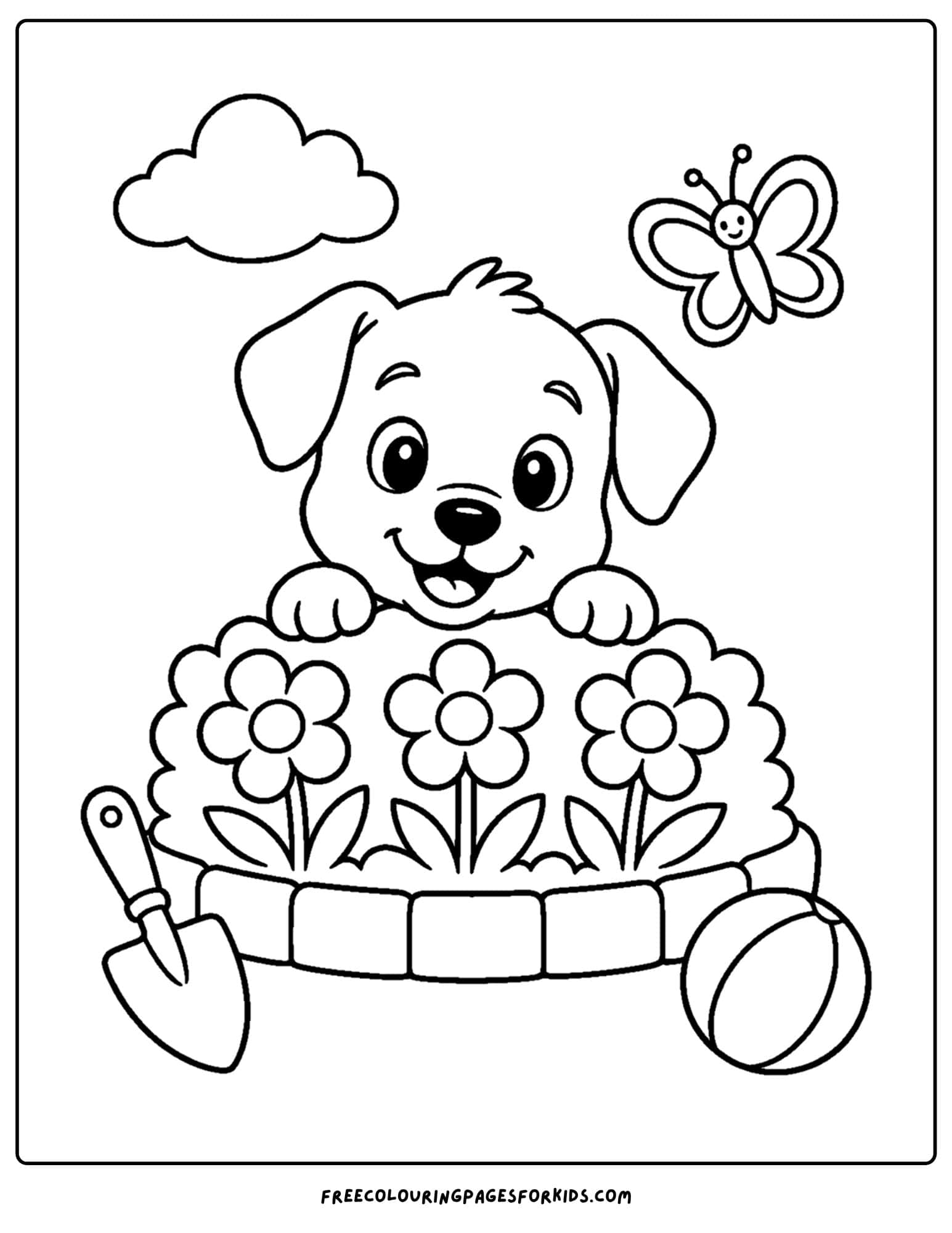 a garden themed coloring page of a puppy popping up from behind some flowers