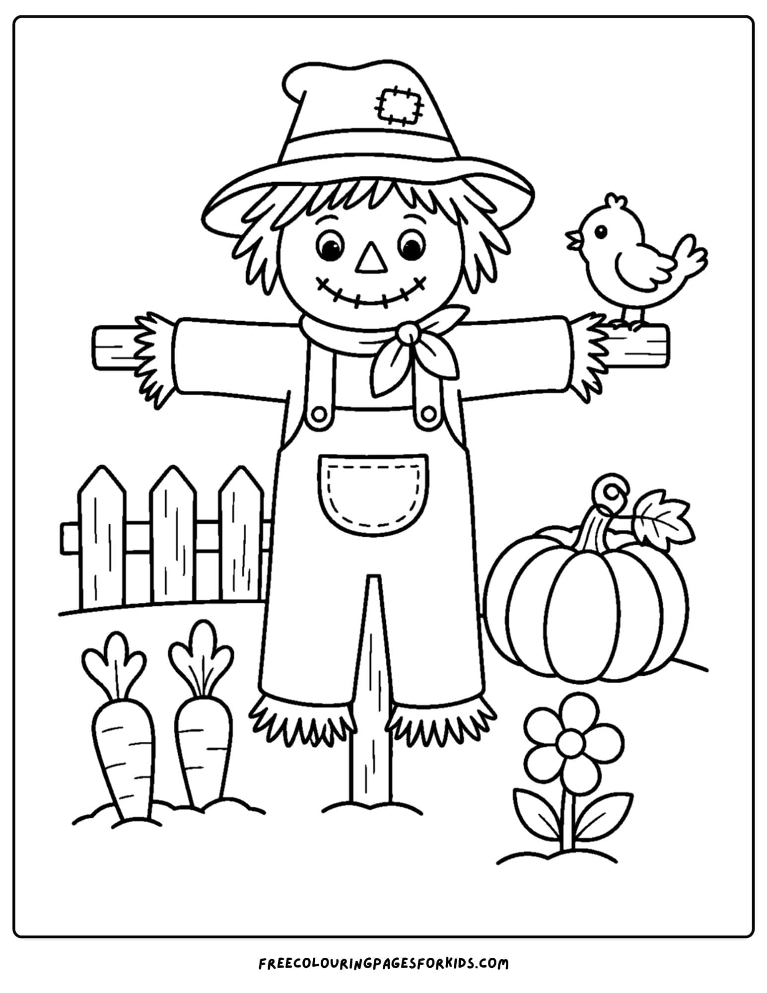 a garden themed coloring page of a scarecrow in a vegetable patch