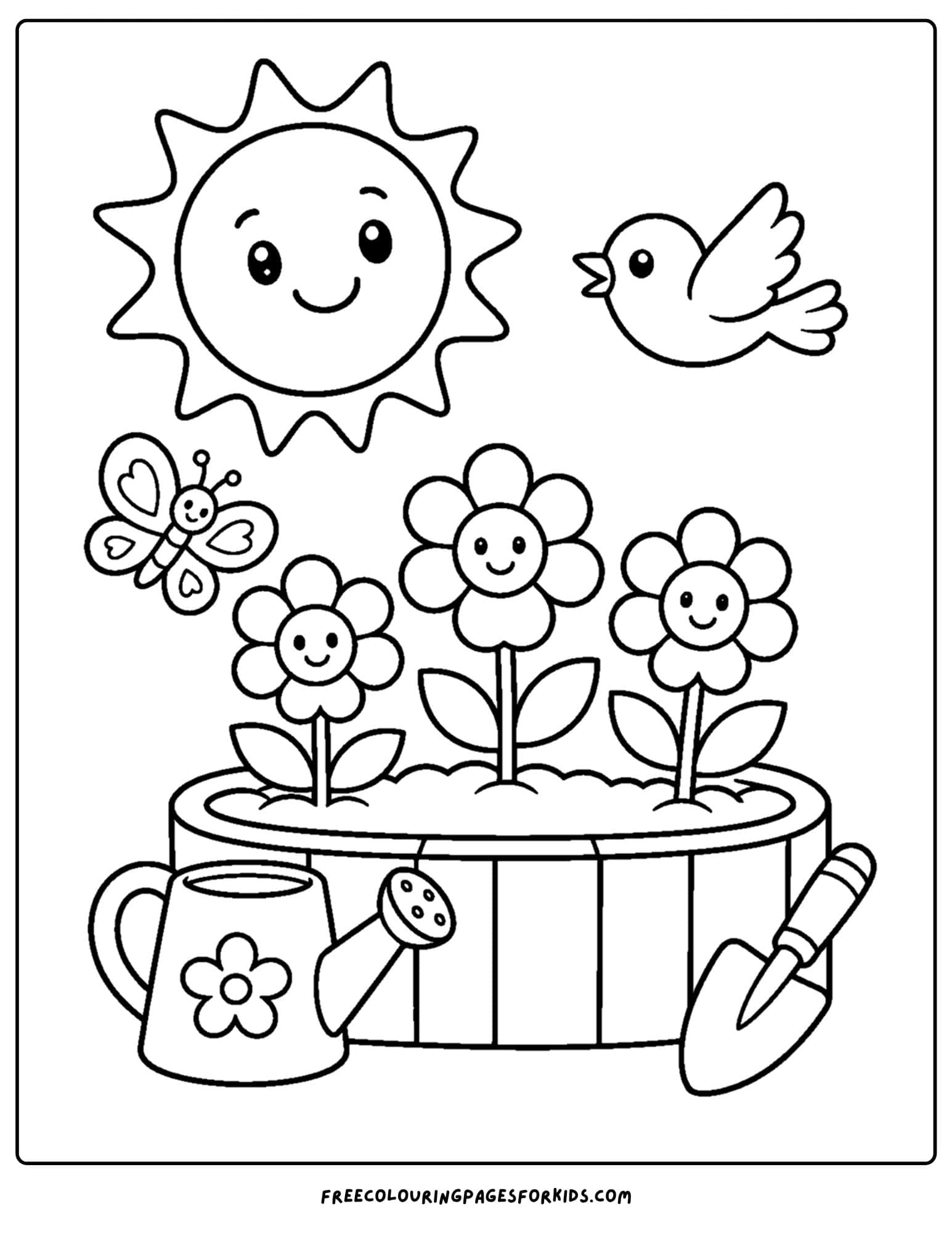 a garden themed coloring page of a sun shining over a flower garden
