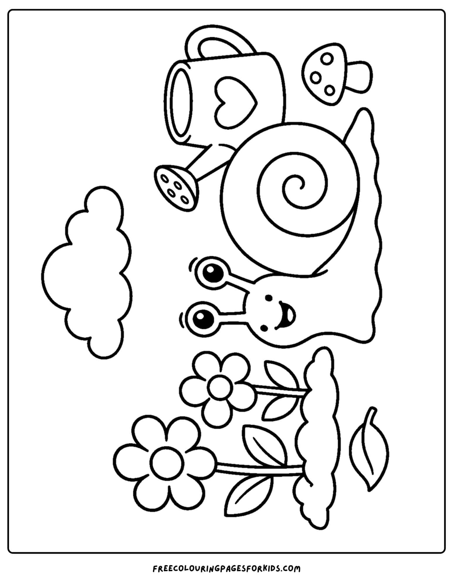 a garden themed coloring page of a snail next to a garden bed