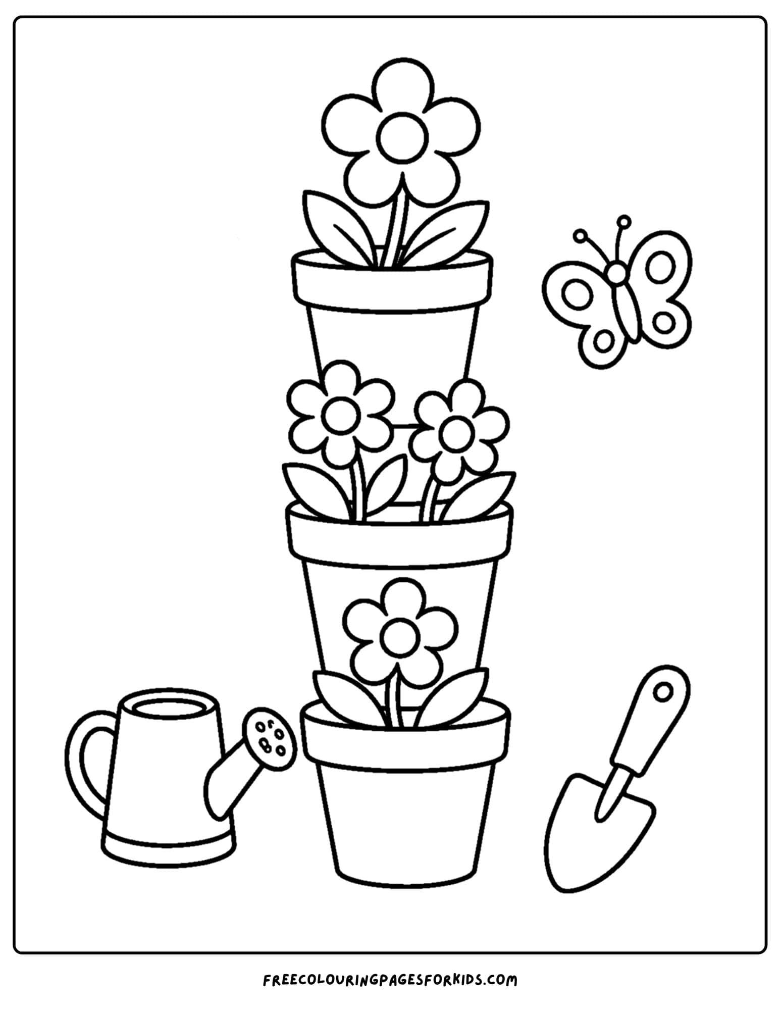 a garden themed coloring page of a stack of flower pots