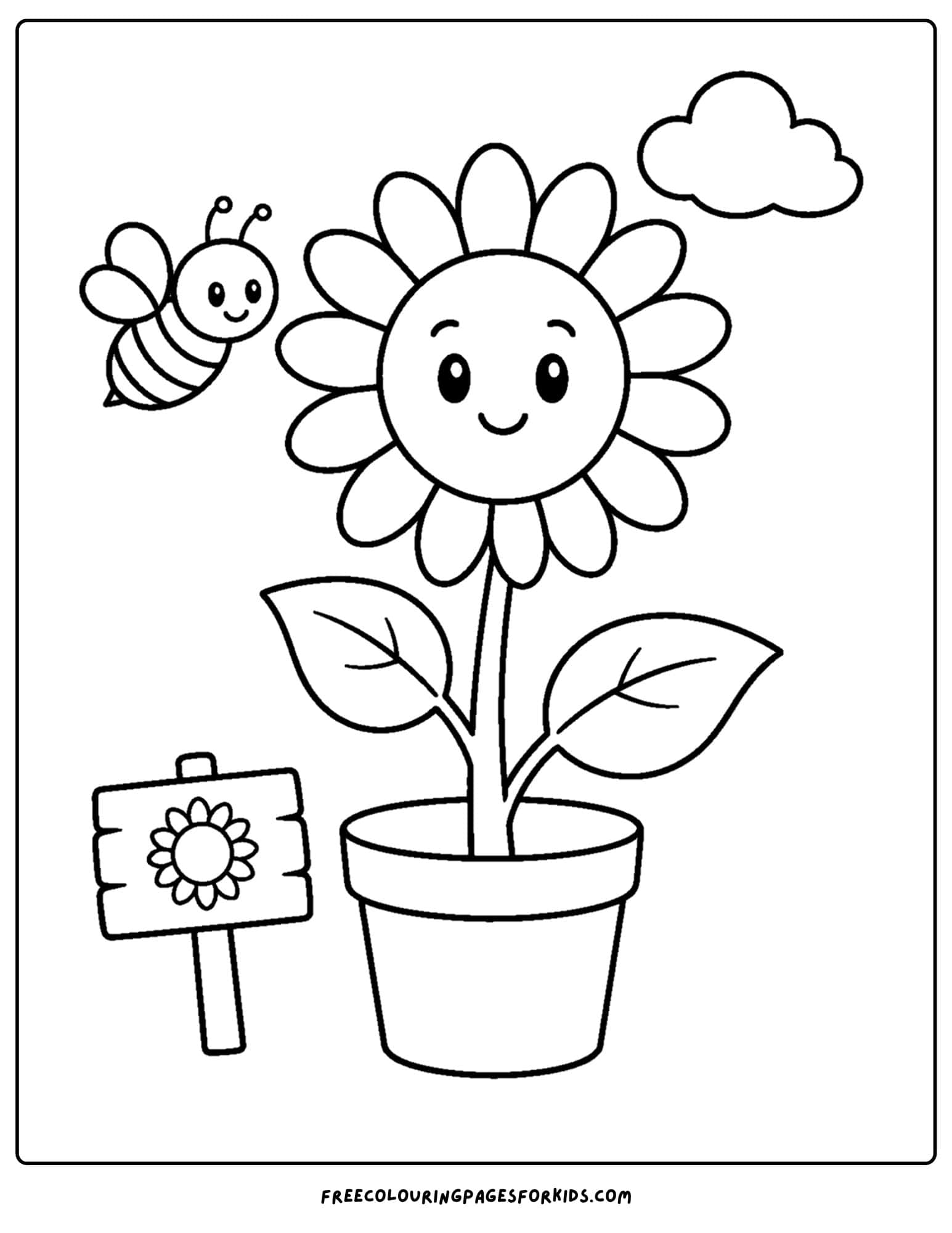 a garden themed coloring page of a sunflower in a flower pot
