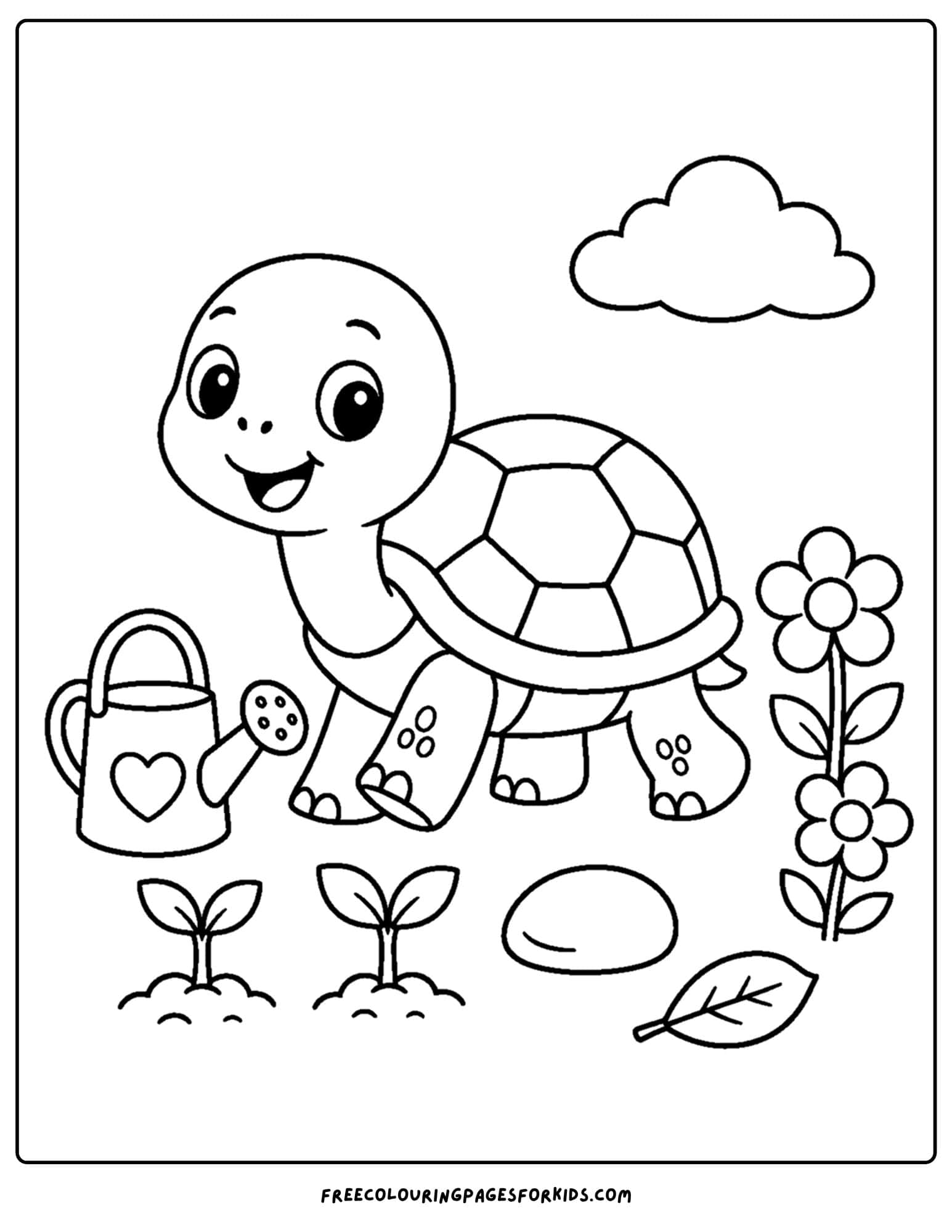 a garden themed coloring page of a turtle next to some new sprouting plants