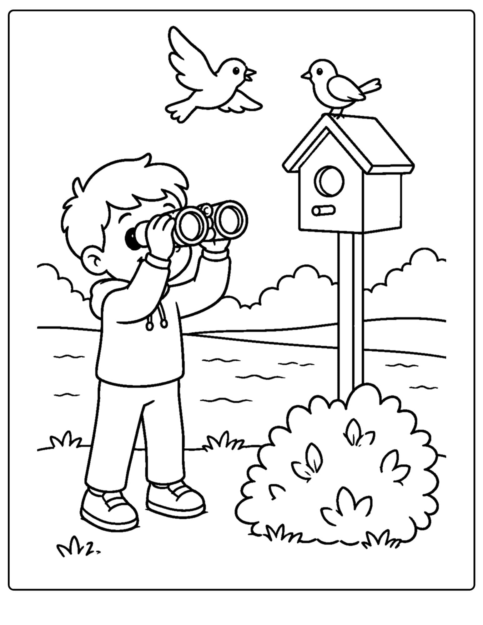 a lake themed coloring page showing a child bird watching at the lake