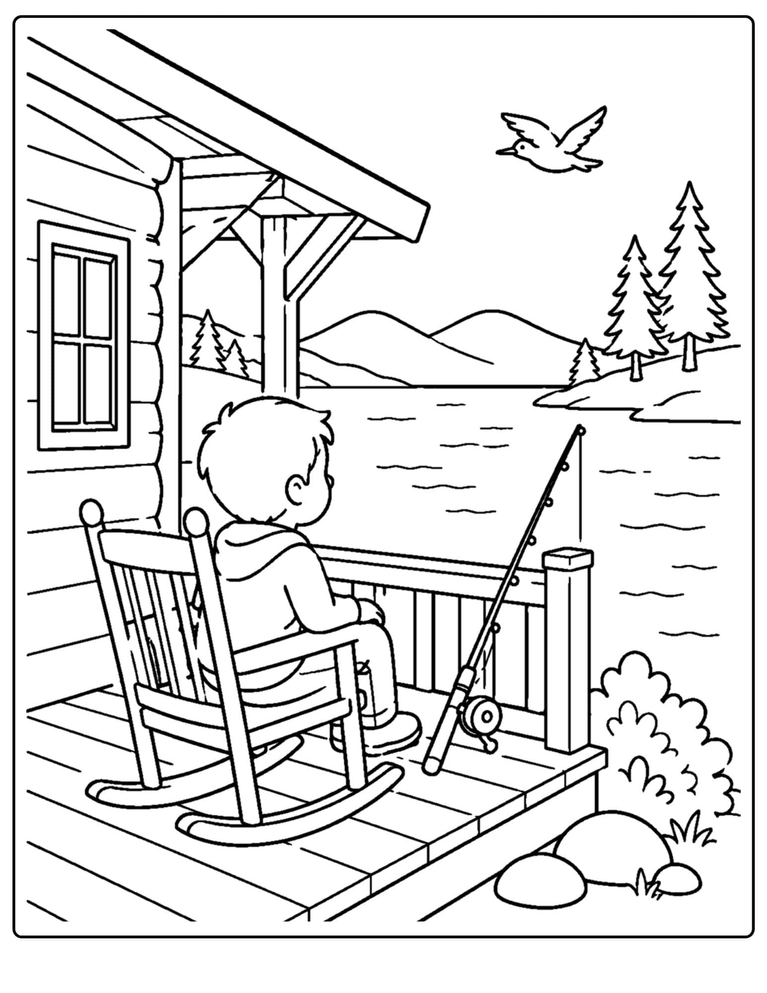 a lake themed coloring page showing a child sitting on a cabin porch fishing