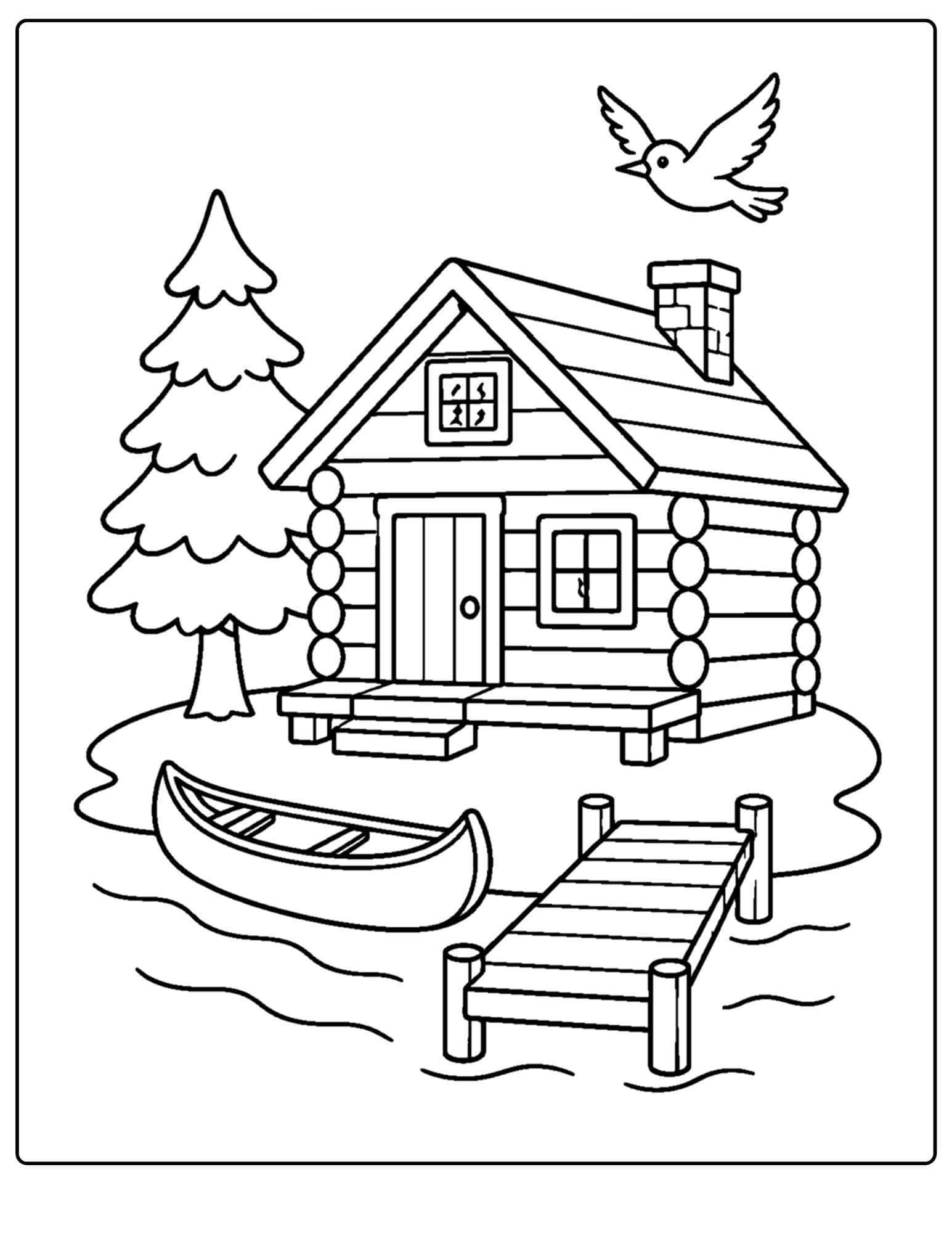 a lake themed coloring page showing a lake cabin with dock and canoe