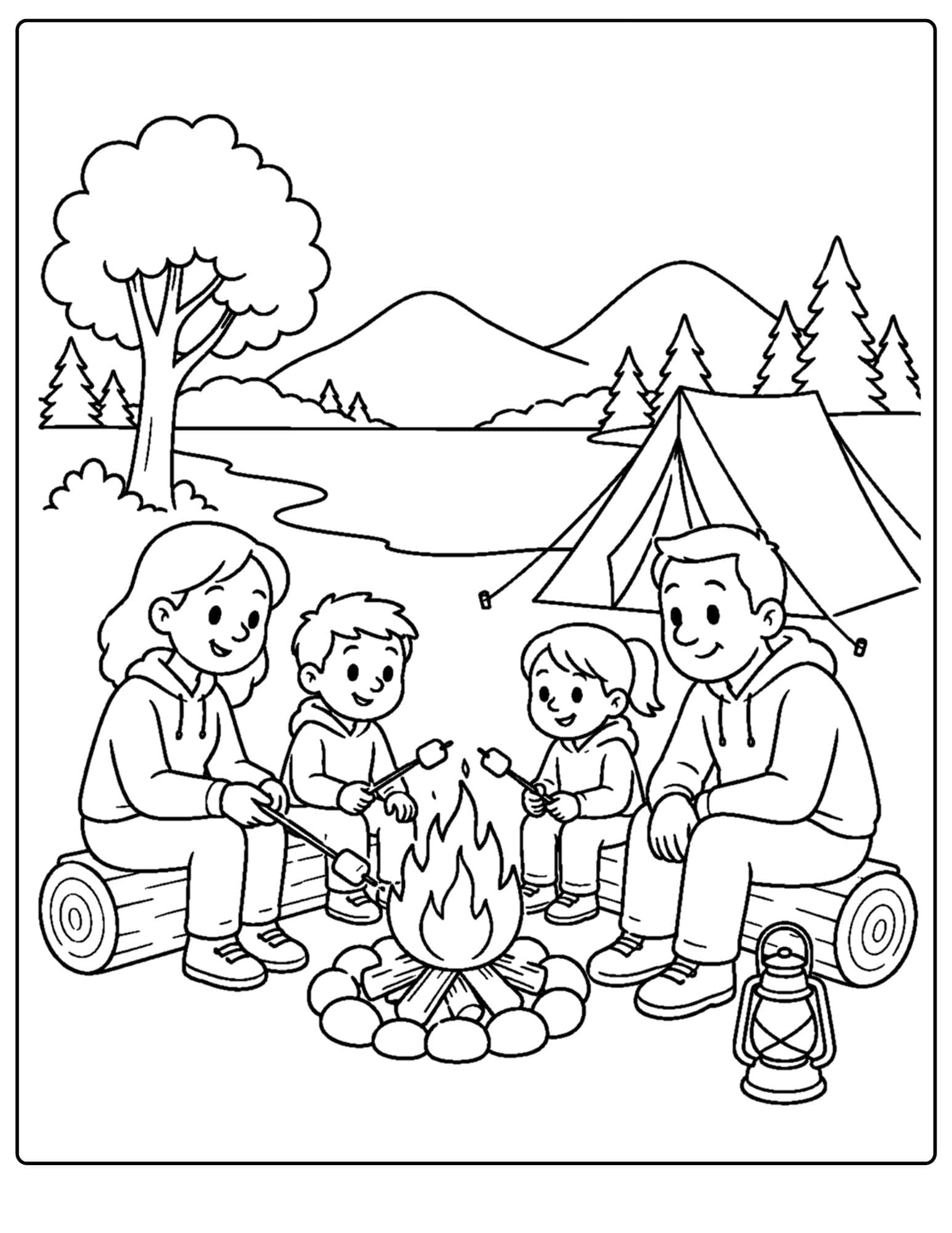 a lake themed coloring page showing a family at a campfire beside the lake