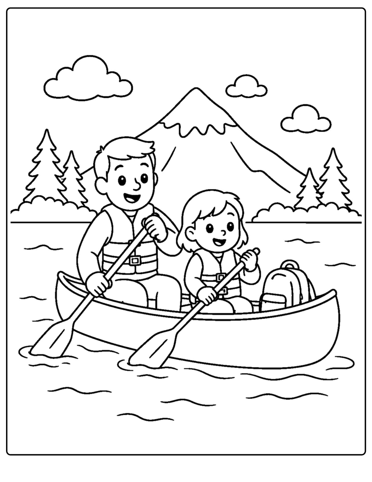 a lake themed coloring page showing a parent and child paddling a canoe