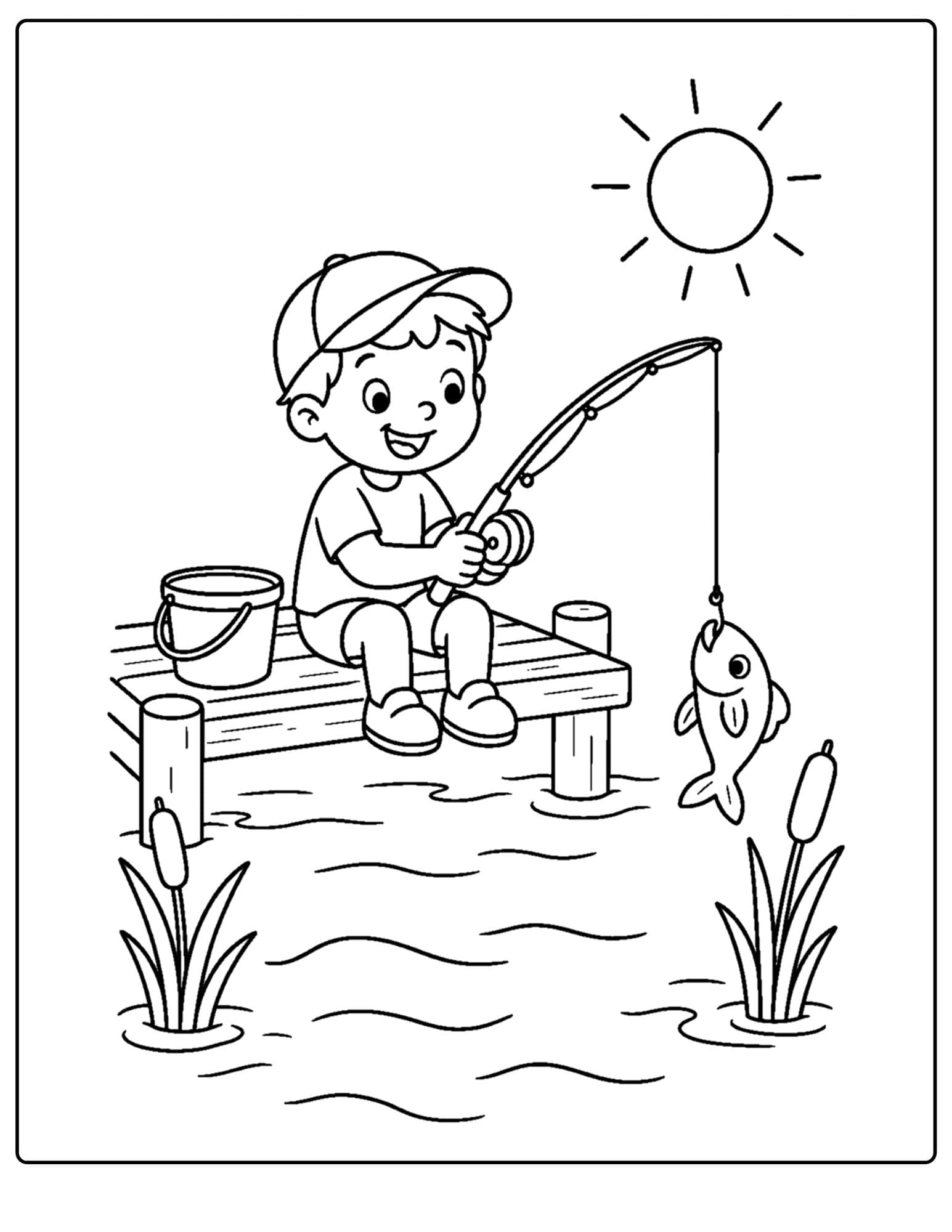 a lake themed coloring page showing a child. fishing off a dock catching a fish