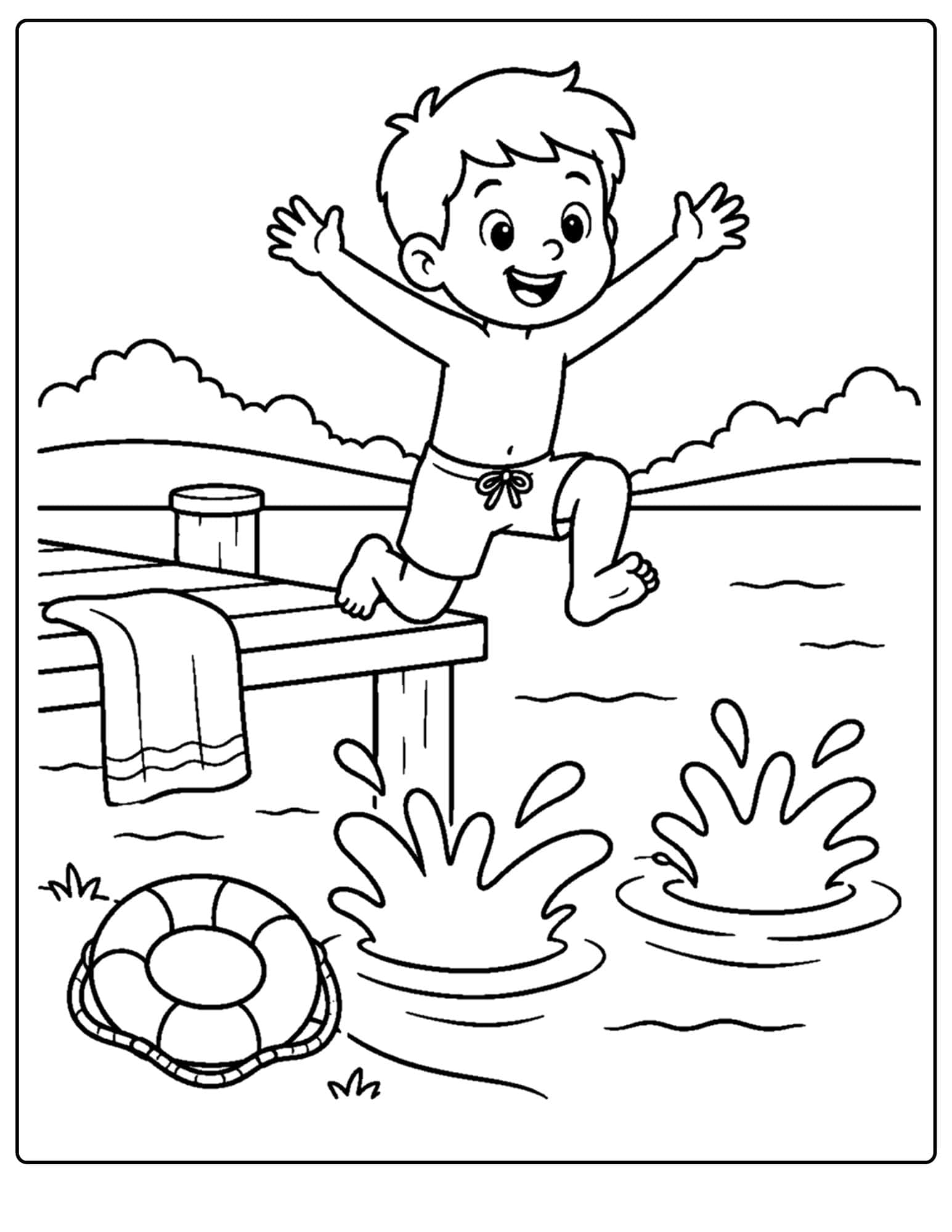 a lake themed coloring page showing a child jumping off the dock into the lake