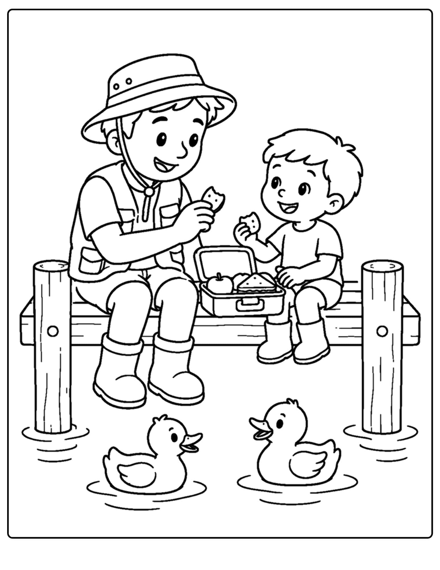 a lake themed coloring page showing a parent and child having a snack on a lake dock