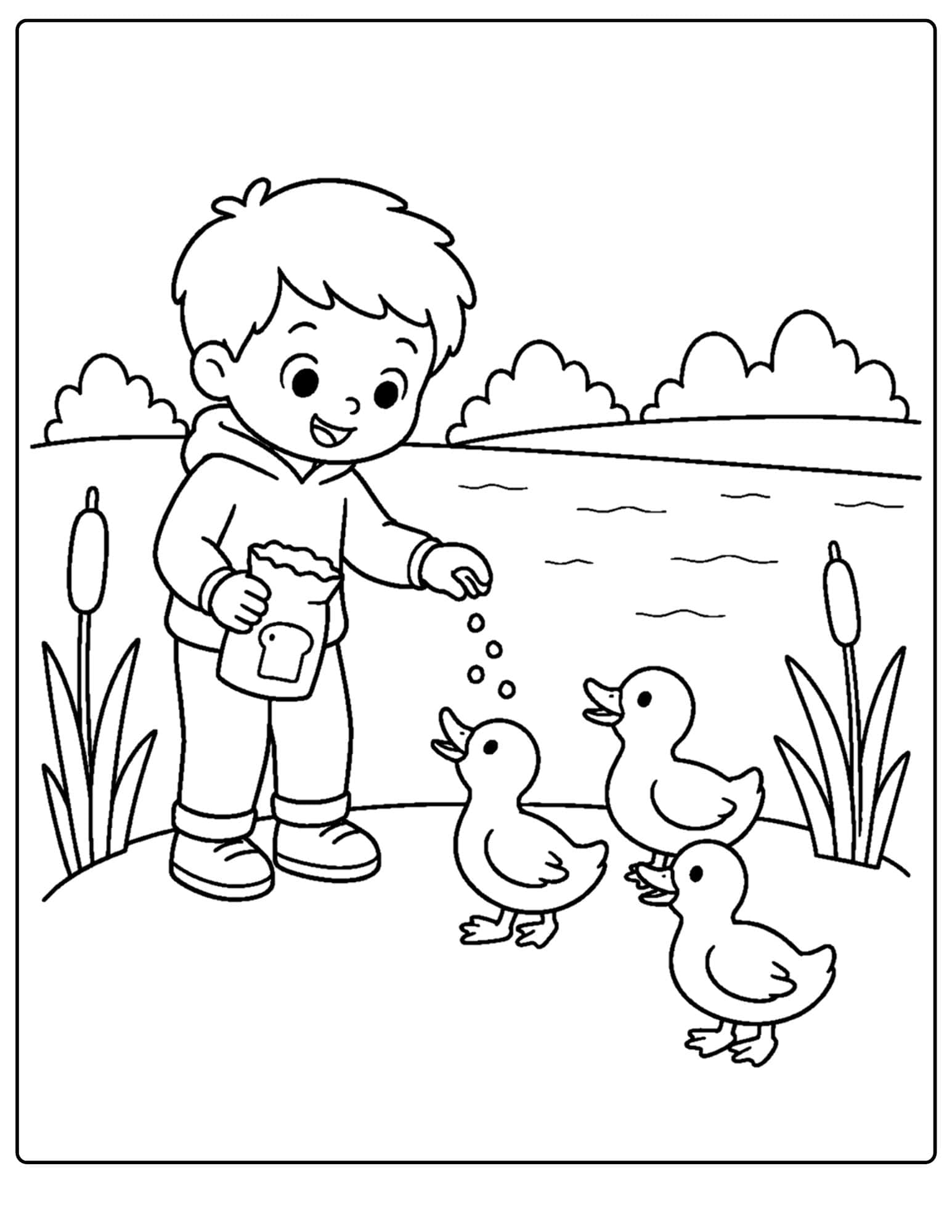 a lake themed coloring page showing a child feeding the ducks