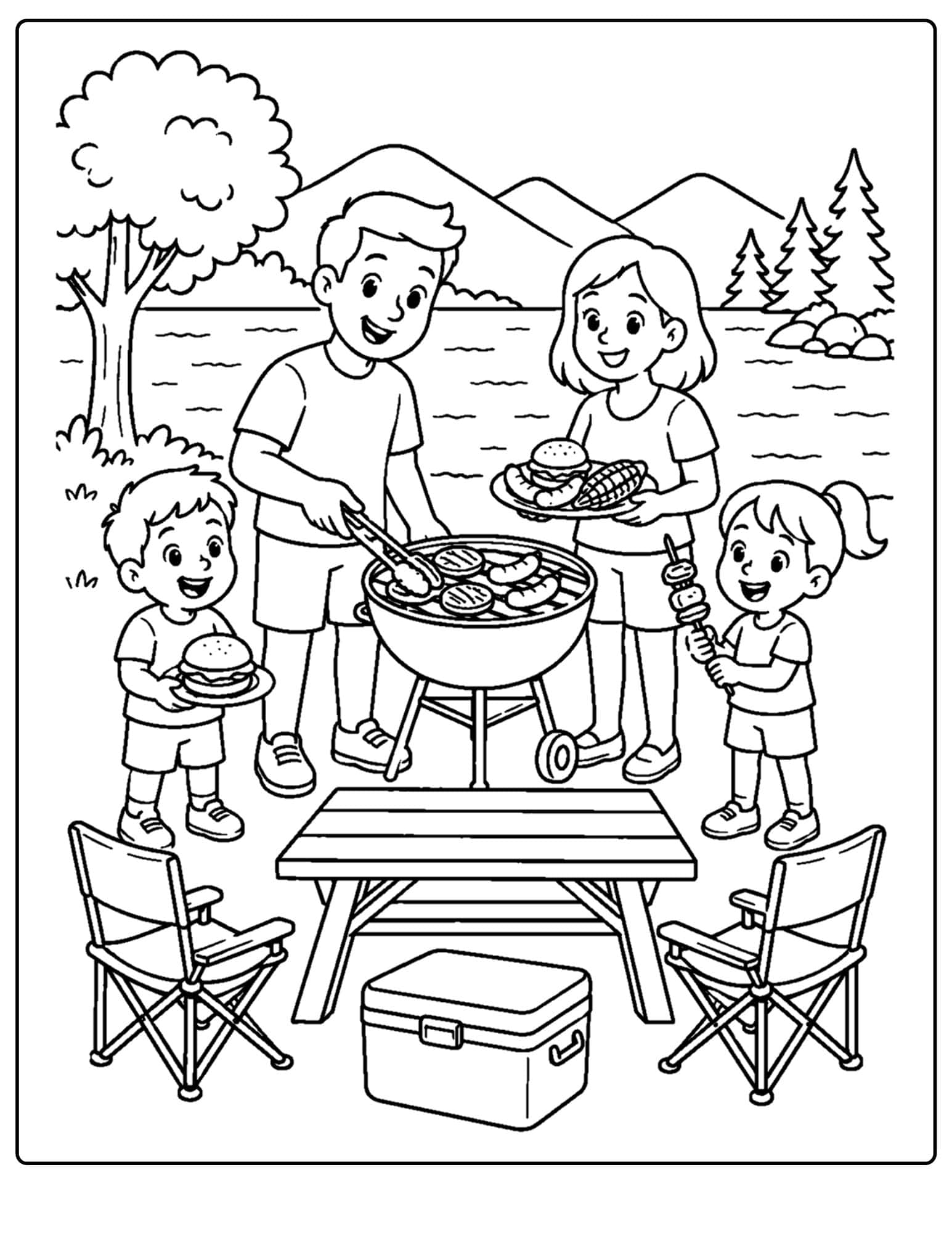 a lake themed coloring page showing a family bbq scene by the water