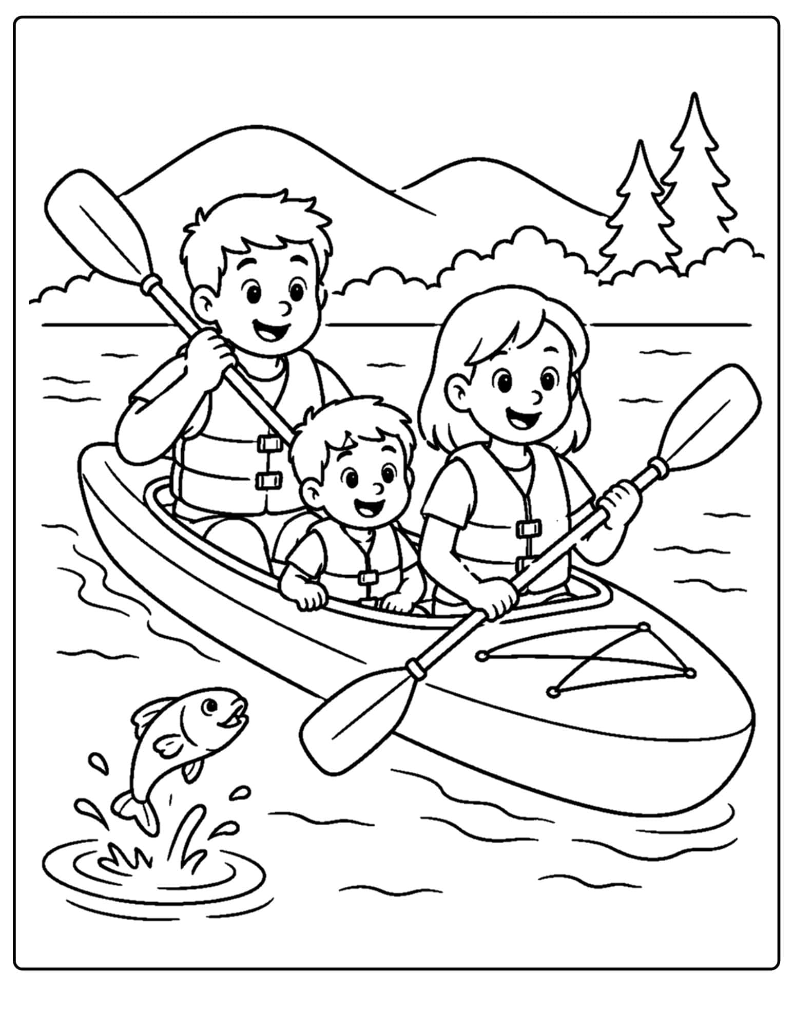 a lake themed coloring page showing a family kayak on the lake