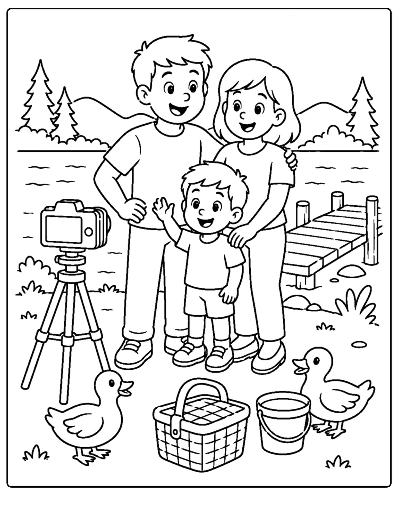 a lake themed coloring page showing a family photo selfie by the lake